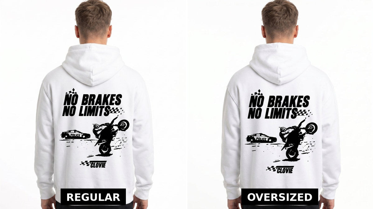 Regular Hoodie und Oversized Hoodie im Vergleich: No brakes, no limits in Weiß, Rückansicht | CLOVIE