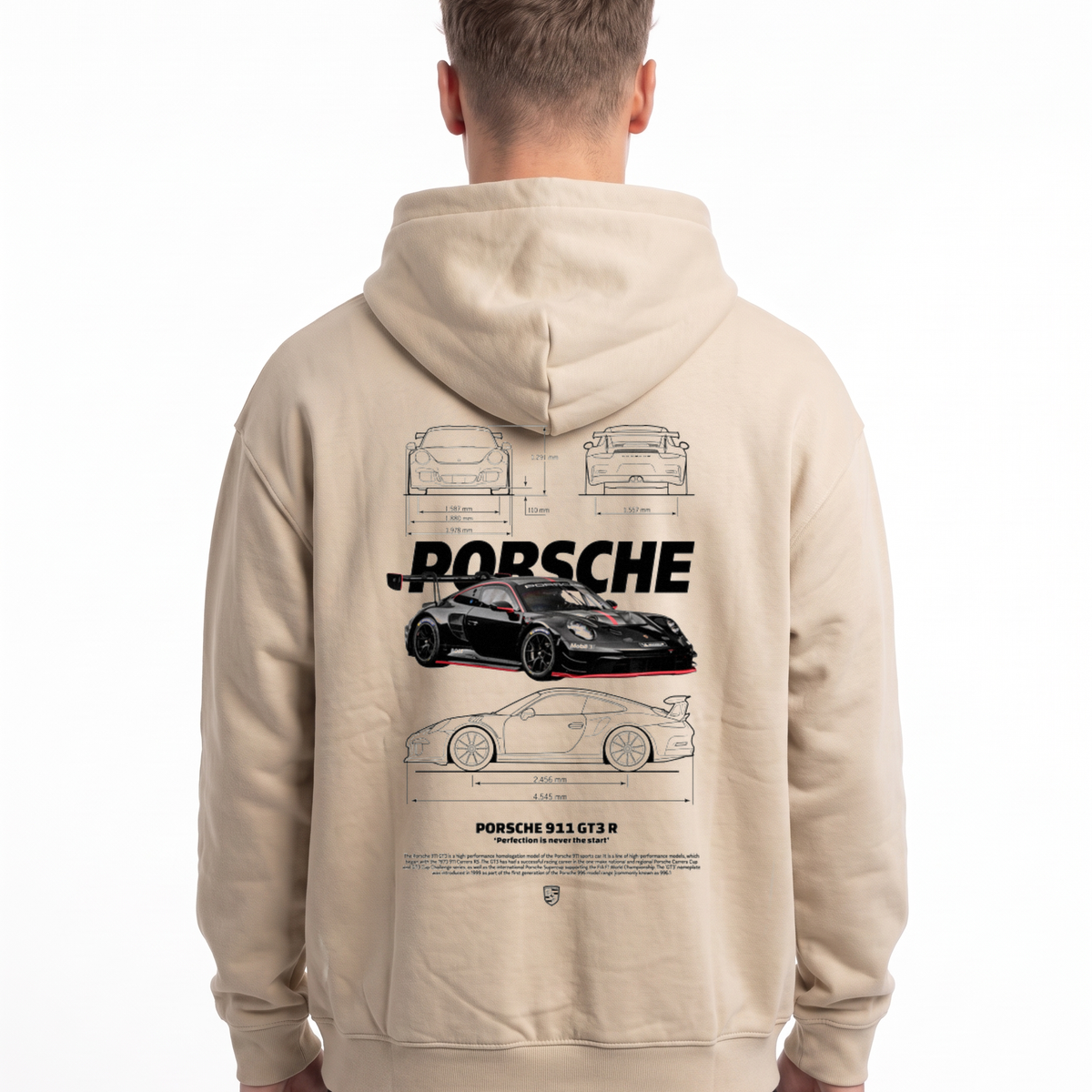 Porsche 911 GT3 R Oversized Zip Hoodie White Sand – Rückseite mit Blueprint-Backprint