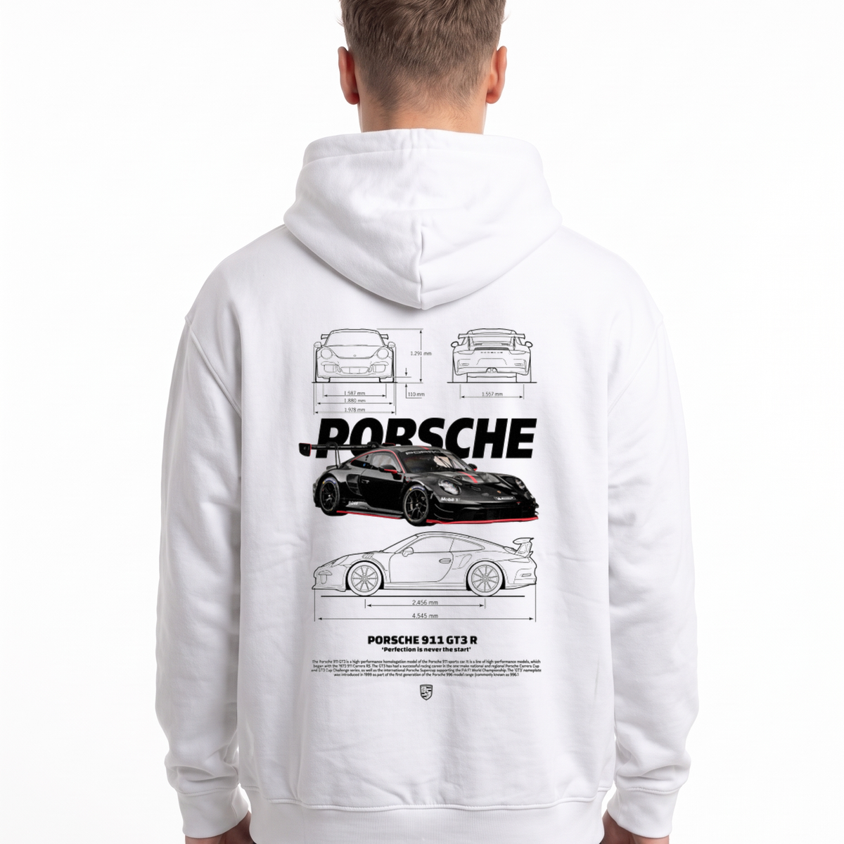 Porsche 911 GT3 R Oversized Hoodie White – Rückseite mit Blueprint-Backprint