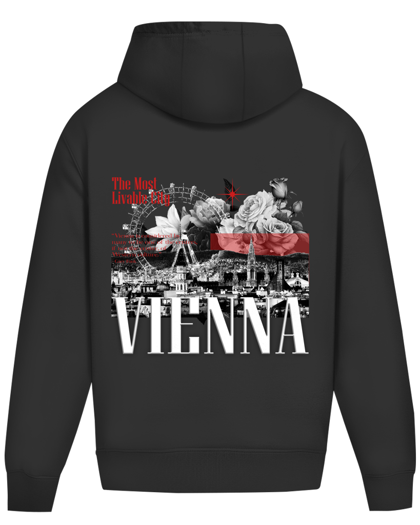 Vienna Oversized Hoodie in Black – Rückansicht mit großem VIENNA-Backprint | CLOVIE