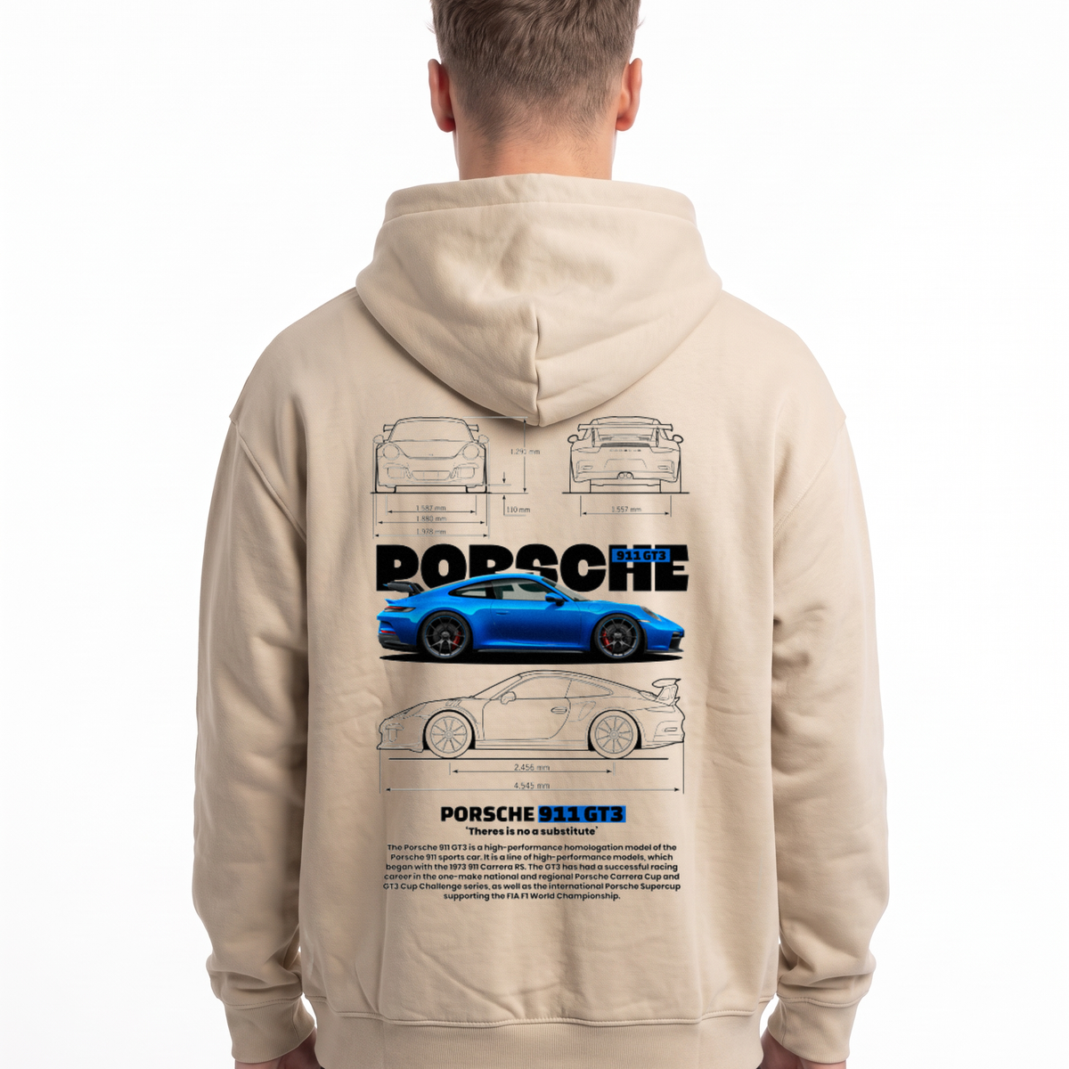 Porsche 911 GT3 Oversized Zip Hoodie White Sand - model back, Porsche blueprint print
