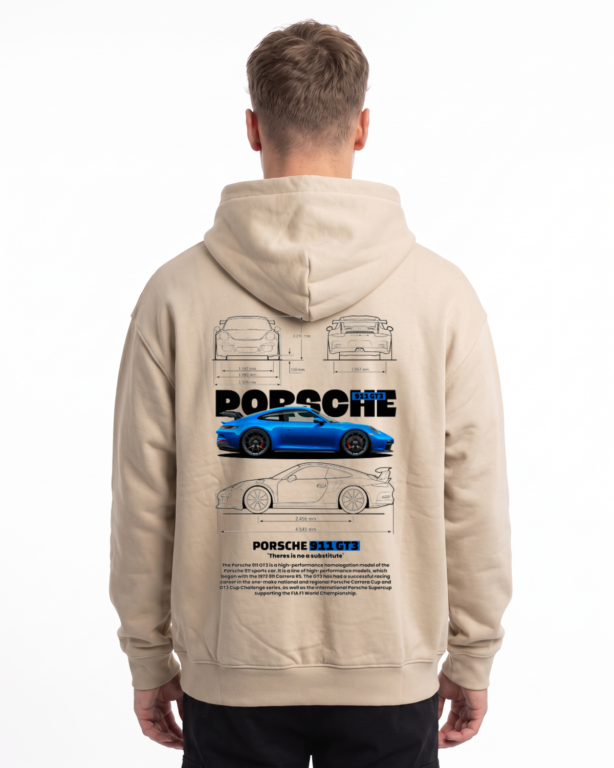 Porsche 911 GT3 Oversized Zip Hoodie White Sand - model back, Porsche blueprint print