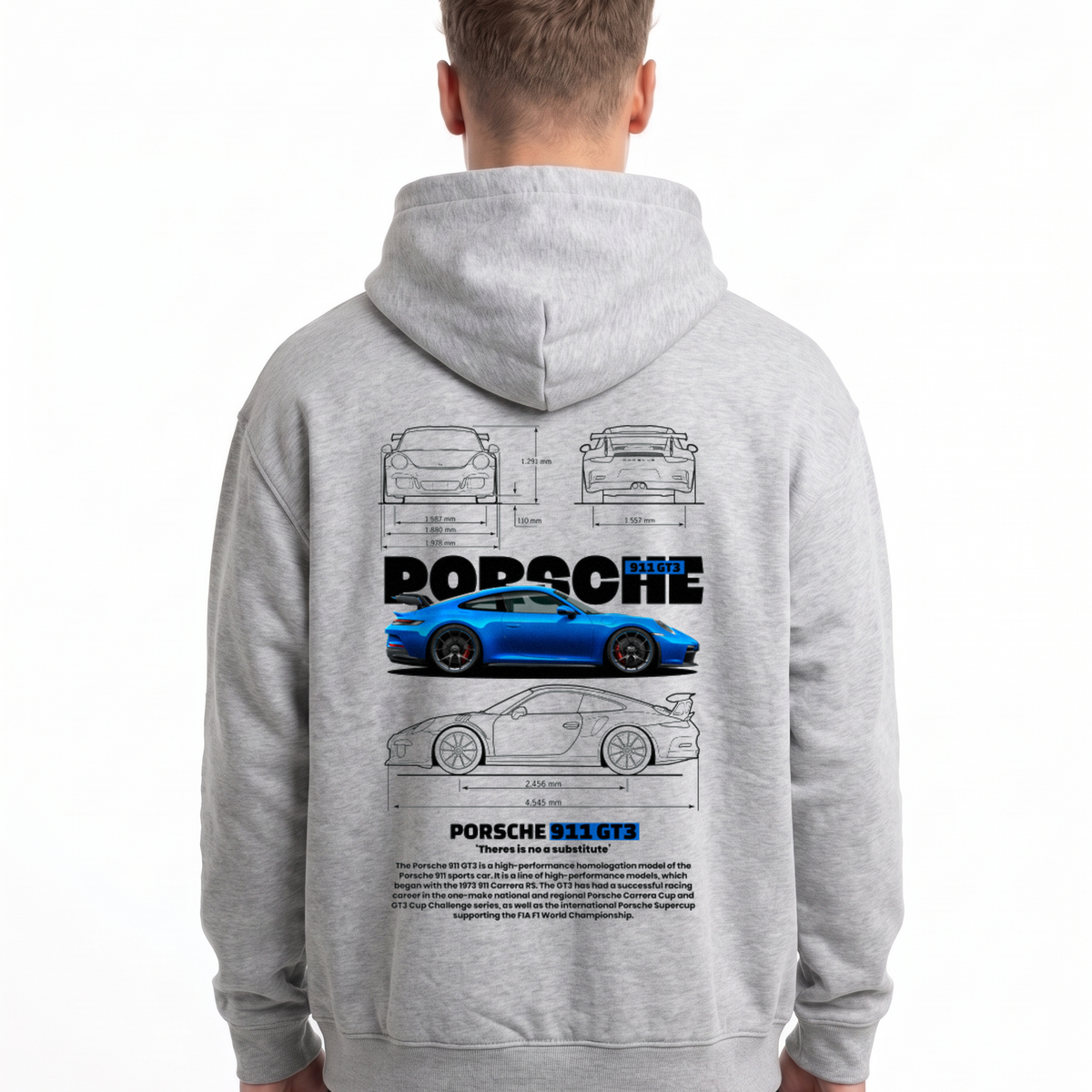 Porsche 911 GT3 Oversized Zip Hoodie Light Asphalt - model back, Porsche blueprint print