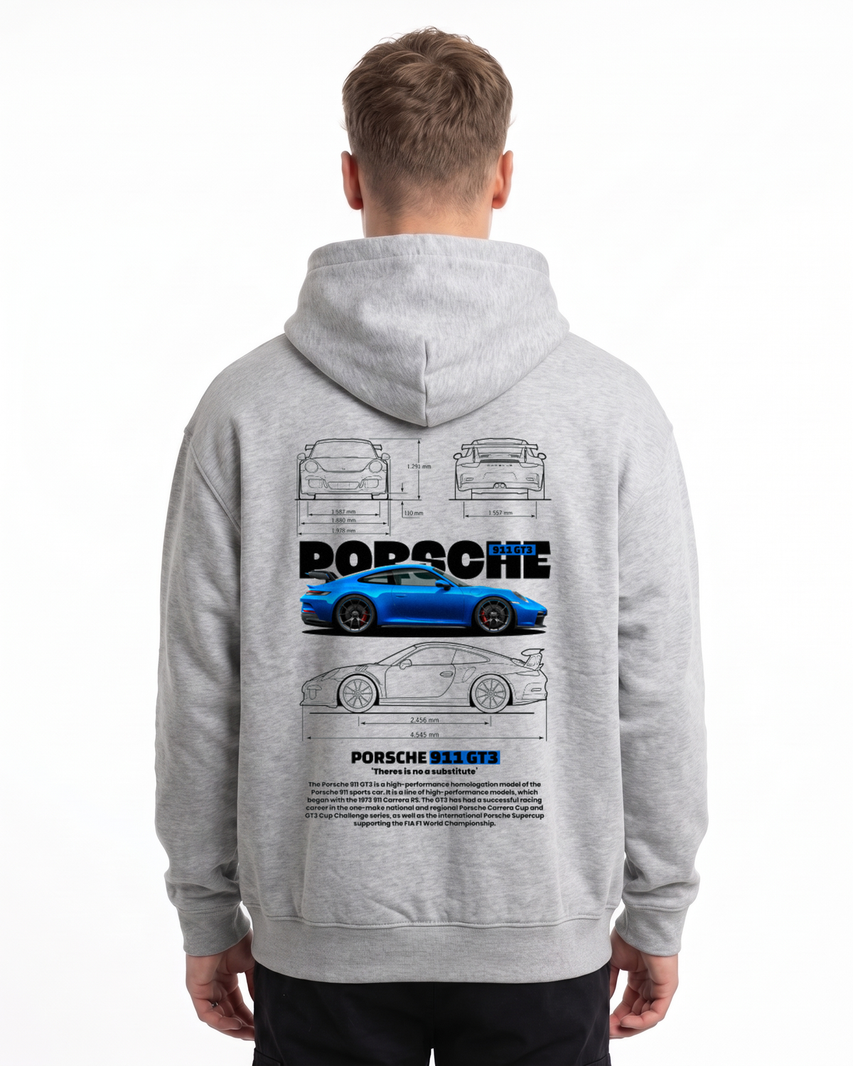 Porsche 911 GT3 Oversized Zip Hoodie Light Asphalt - model back, Porsche blueprint print