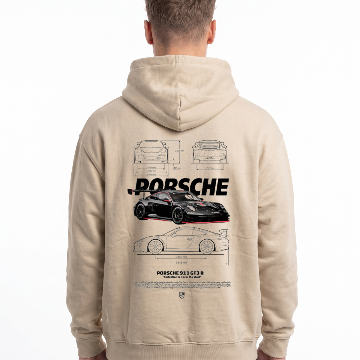 Porsche 911 GT3 R Oversized Hoodie White Sand – Rückseite mit Blueprint-Backprint