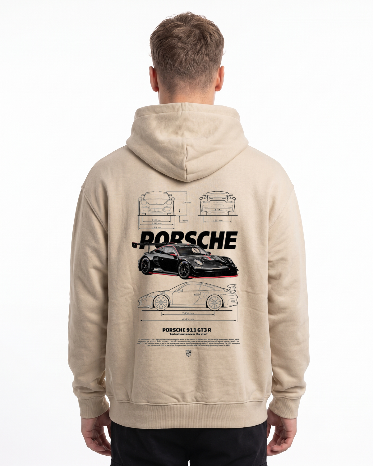 Porsche 911 GT3 R Oversized Hoodie White Sand – Rückseite mit Blueprint-Backprint