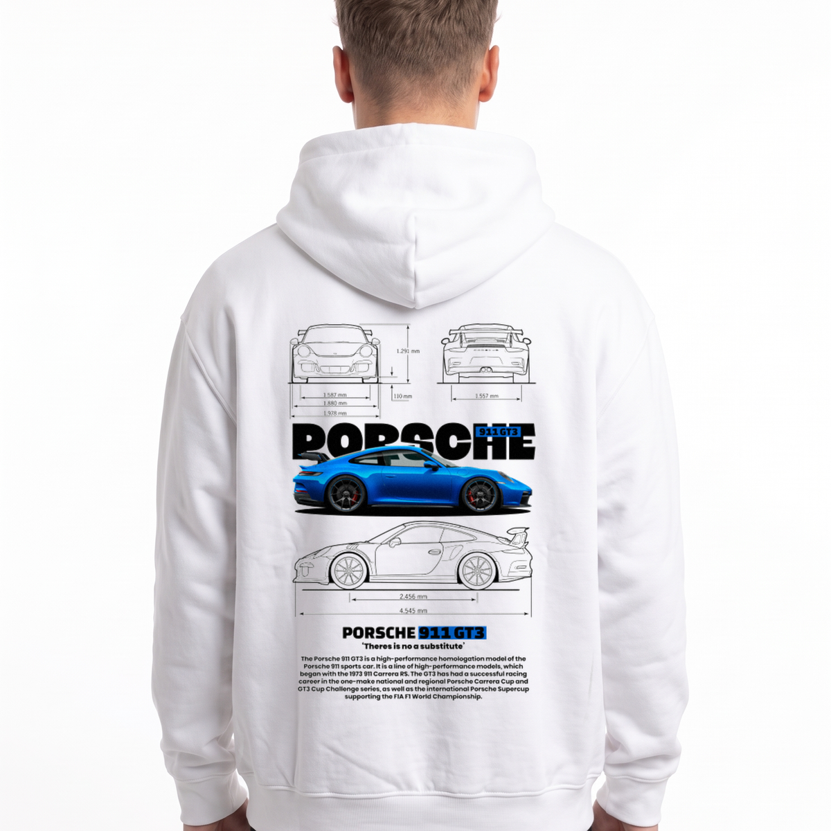 Porsche 911 GT3 Oversized Zip Hoodie White - model back, Porsche blueprint print