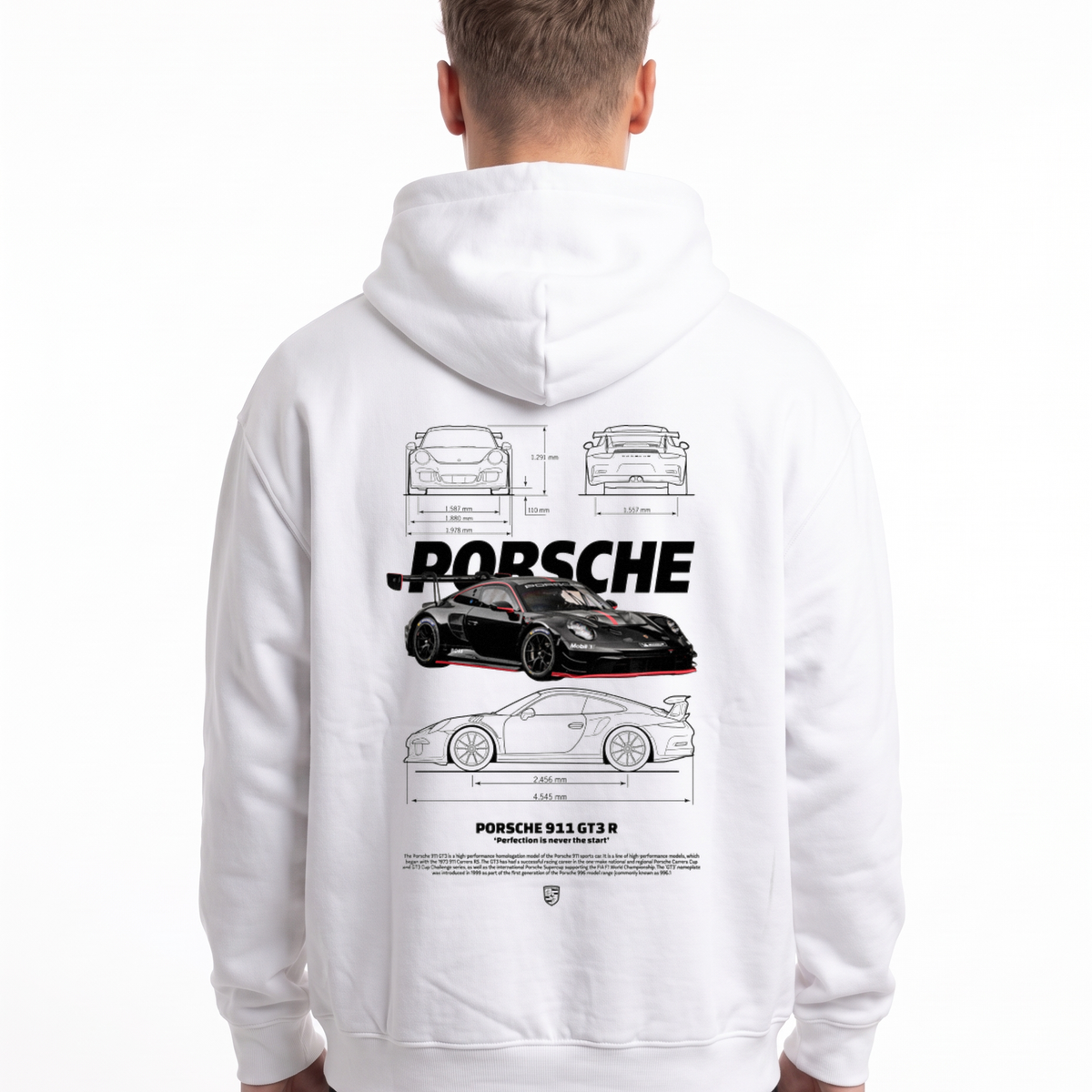 Porsche 911 GT3 R Oversized Zip Hoodie White – Rückseite mit Blueprint-Backprint