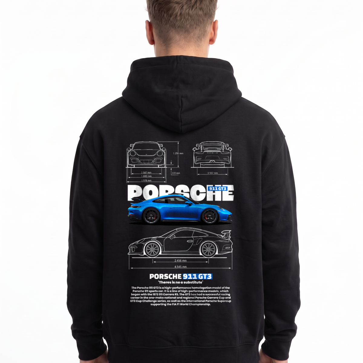 Porsche 911 GT3 Oversized Zip Hoodie Black - model back, Porsche blueprint print