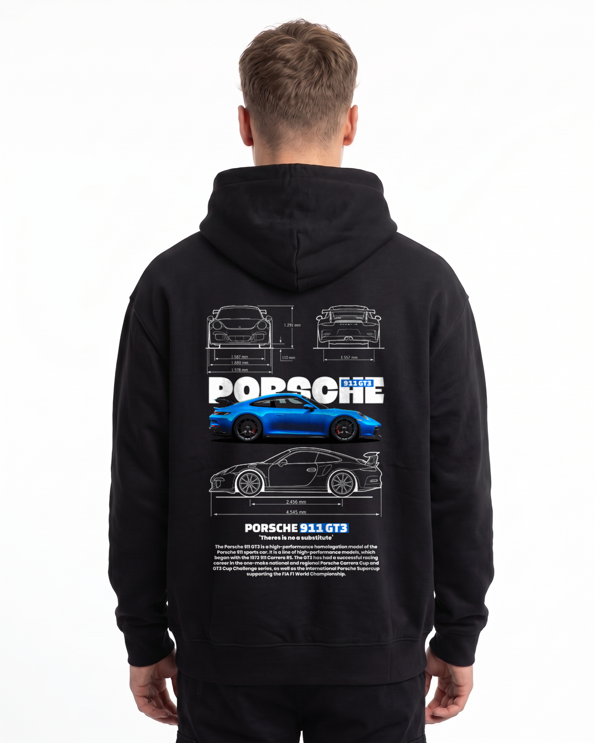 Porsche 911 GT3 Oversized Zip Hoodie Black - model back, Porsche blueprint print