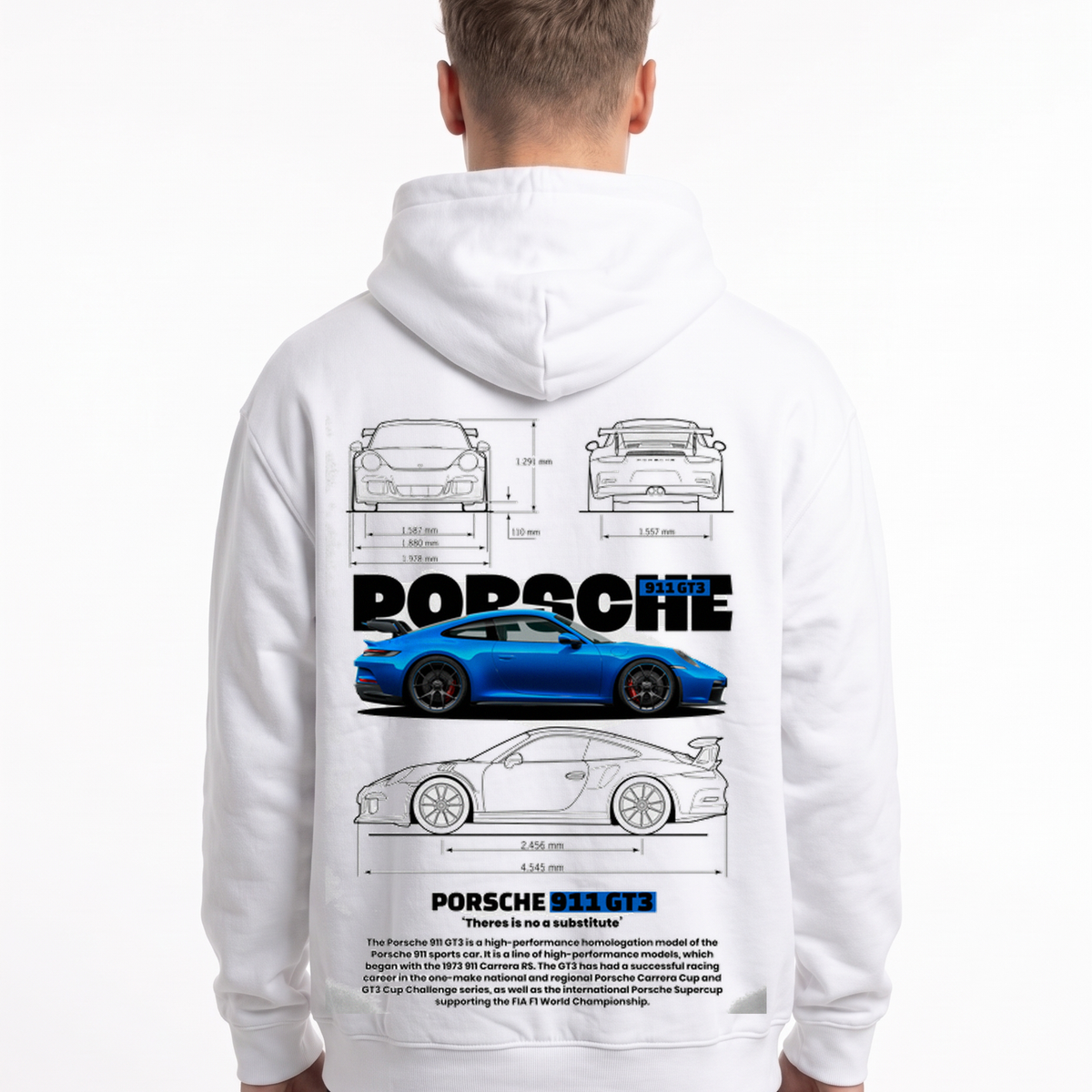 Porsche 911 GT3 Hoodie in Arctic White, model back with Porsche blueprint print