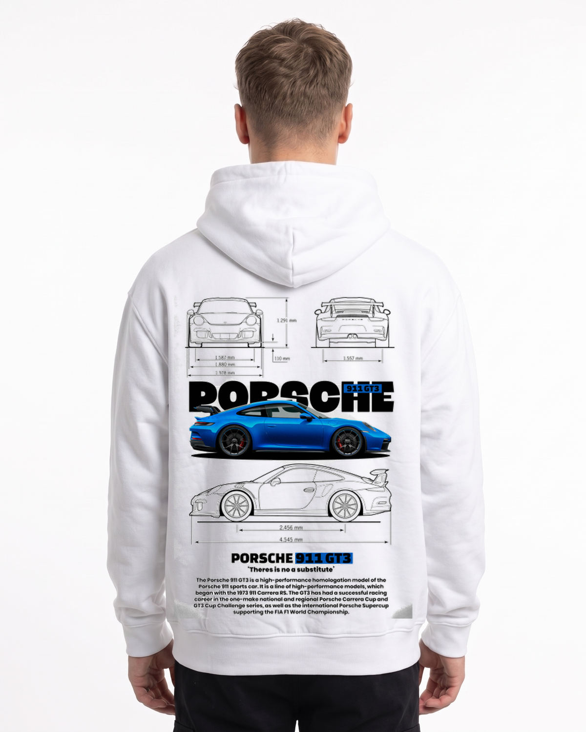 Porsche 911 GT3 Hoodie in Arctic White, model back with Porsche blueprint print