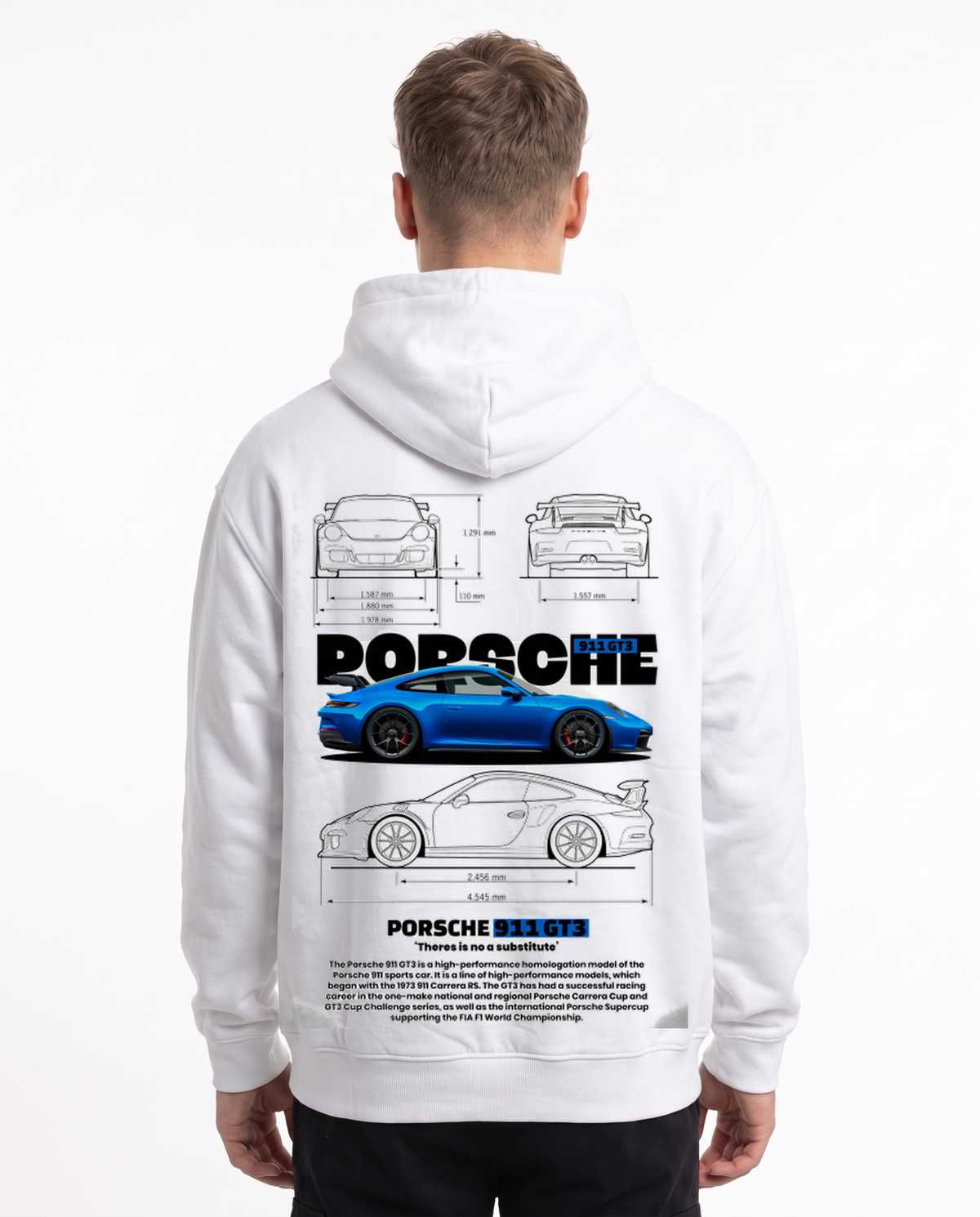 Porsche 911 GT3 Hoodie in Arctic White, model back with Porsche blueprint print