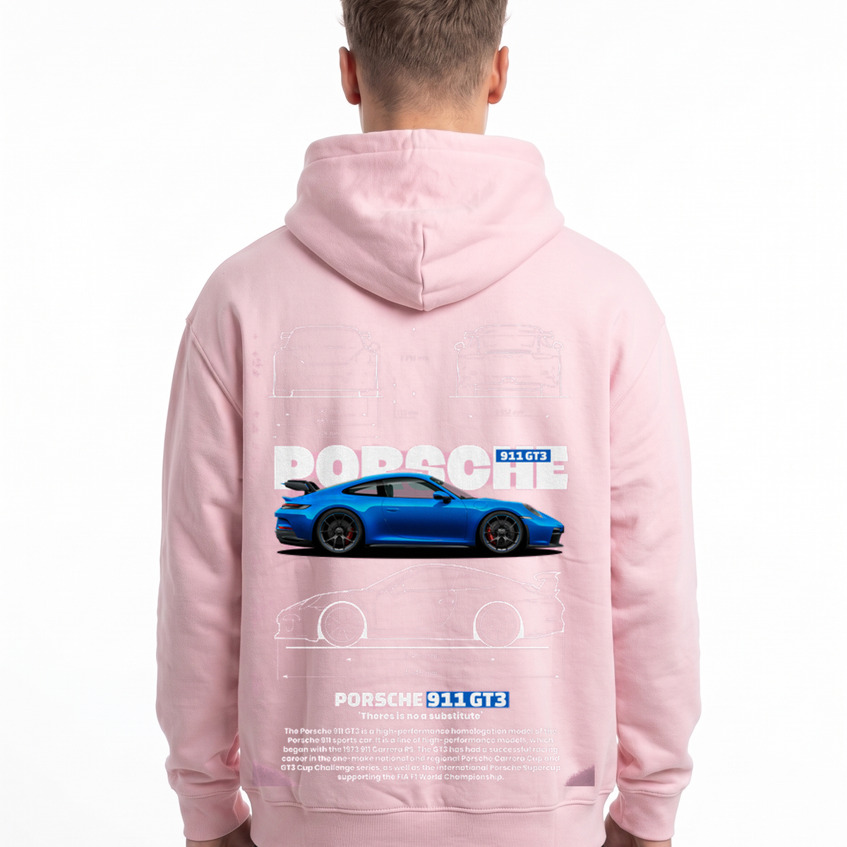 Porsche 911 GT3 Hoodie in Baby Pink, model back with Porsche blueprint print