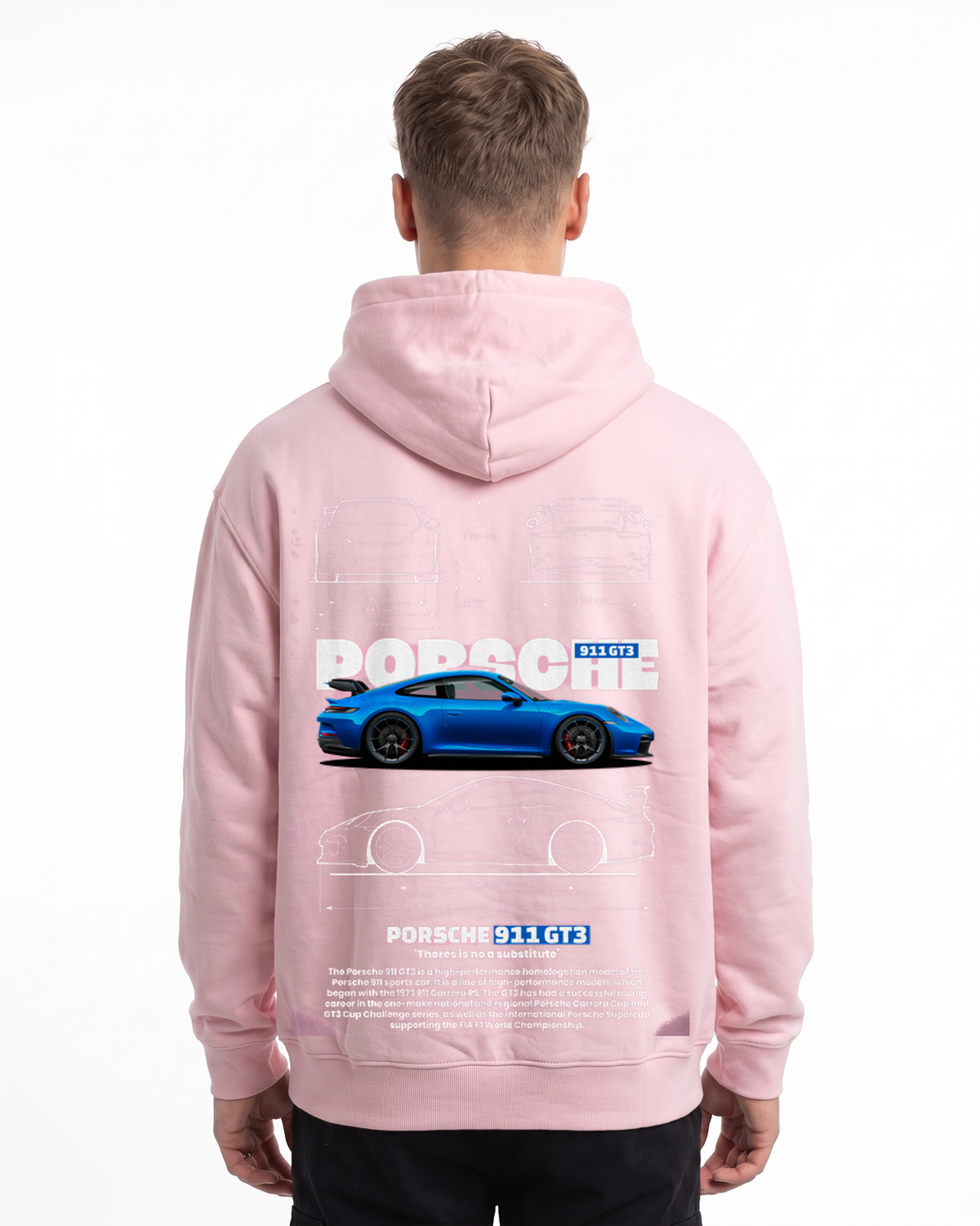 Porsche 911 GT3 Hoodie in Baby Pink, model back with Porsche blueprint print