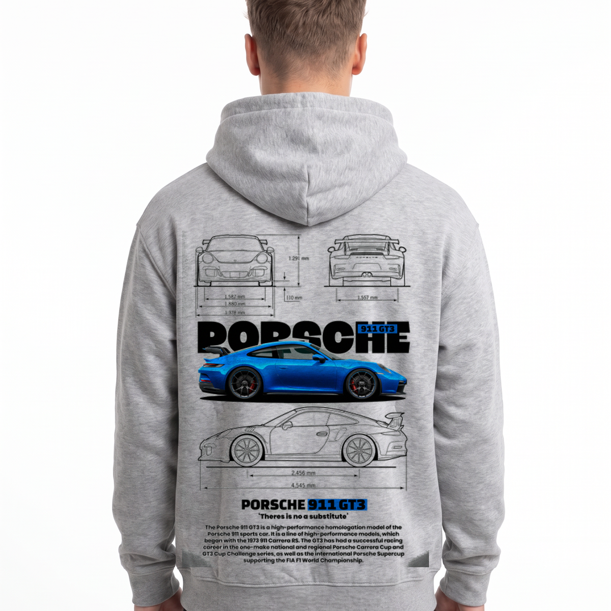 Porsche 911 GT3 Hoodie in Heather Grey, model back with Porsche blueprint print