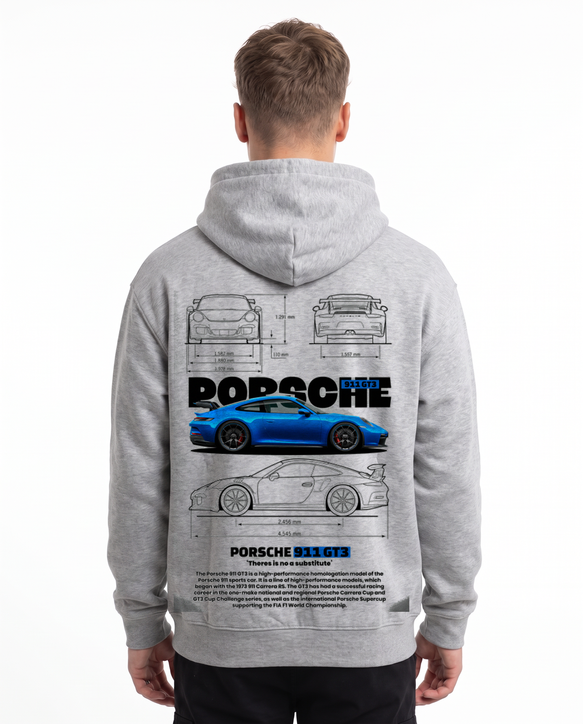 Porsche 911 GT3 Hoodie in Heather Grey, model back with Porsche blueprint print