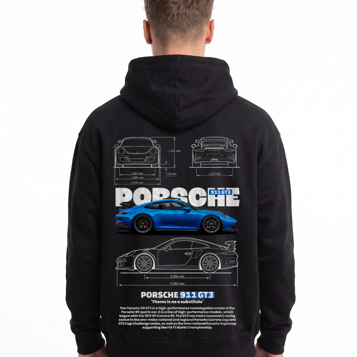 Porsche 911 GT3 Hoodie in Jet Black, model back with Porsche blueprint print