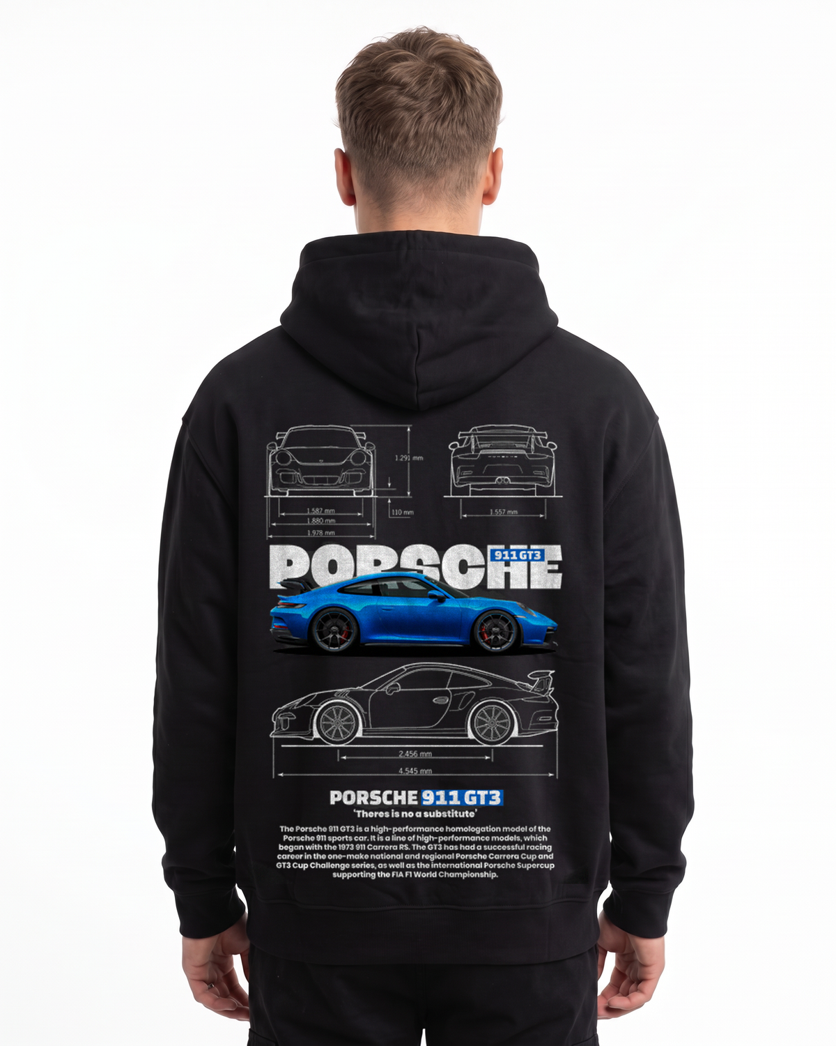 Porsche 911 GT3 Hoodie in Jet Black, model back with Porsche blueprint print