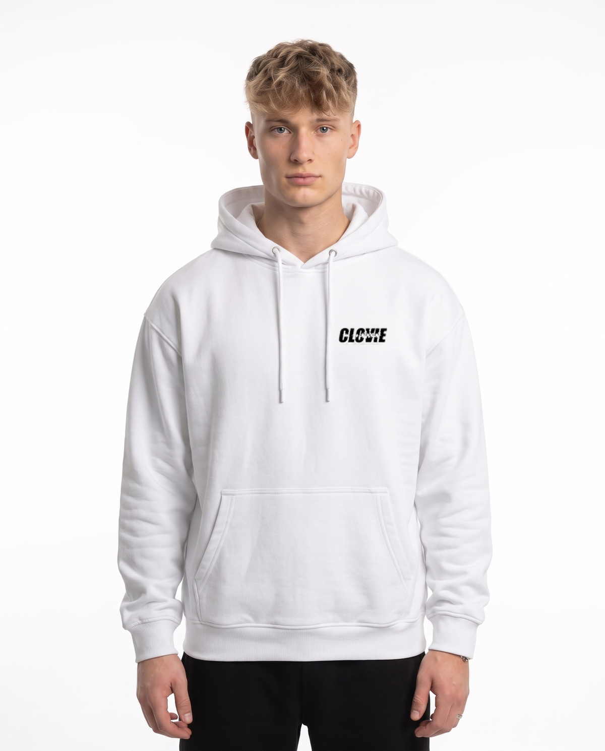Porsche 911 GT3 RS Hoodie in Arctic White, model front with CLOVIE logo