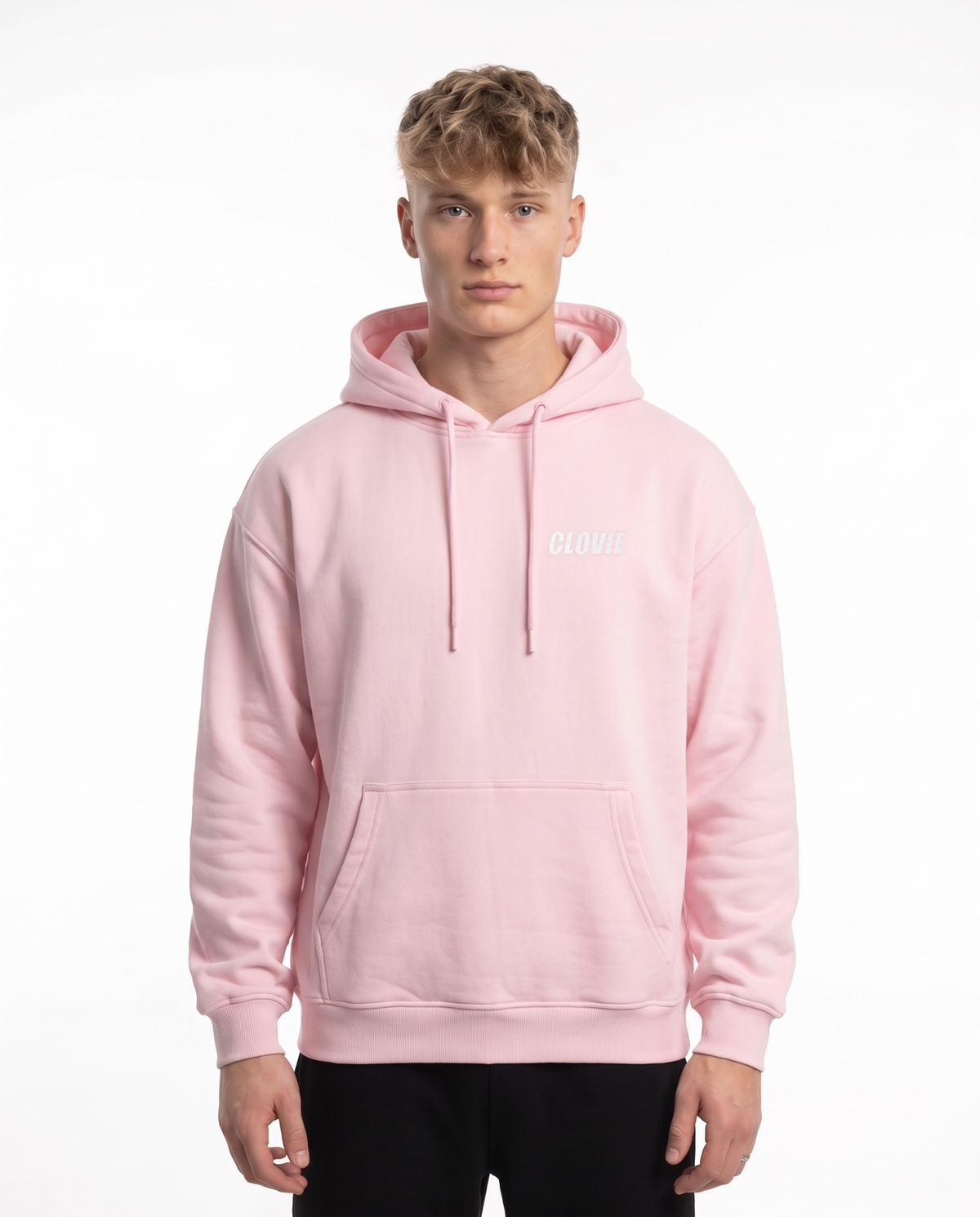Porsche 911 GT3 Hoodie in Baby Pink, model front with CLOVIE logo