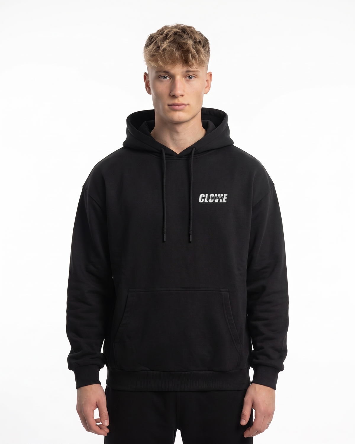 Porsche 911 GT3 Hoodie in Jet Black, model front with CLOVIE logo