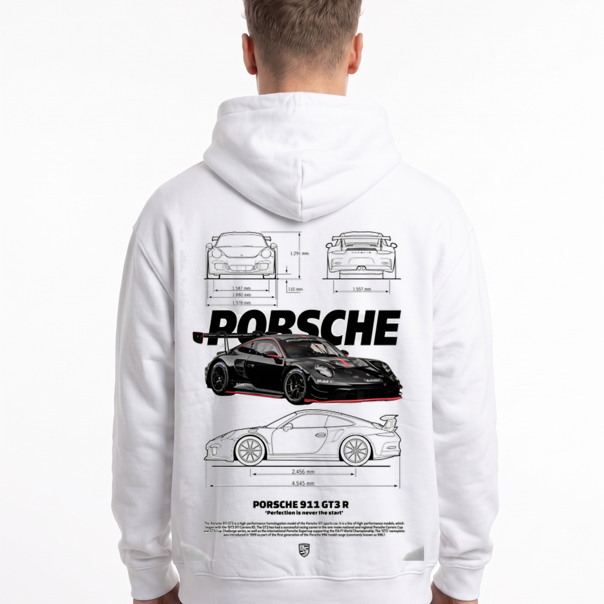 Porsche 911 GT3 R Hoodie Arctic White – Rückseite mit Blueprint-Backprint des schwarzen GT3 R