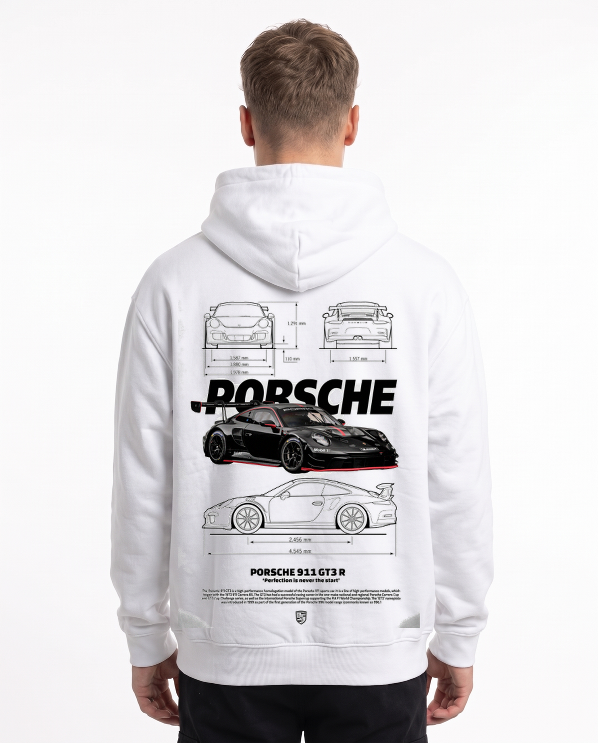 Porsche 911 GT3 RS Hoodie in Arctic White, model back with Porsche R blueprint print