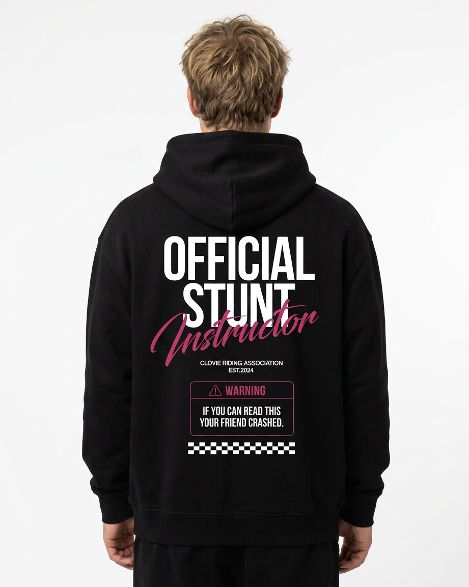 Official Stunt Instructor Oversized Hoodie — Back view mit OFFICIAL STUNT Instructor + Warning-Detail