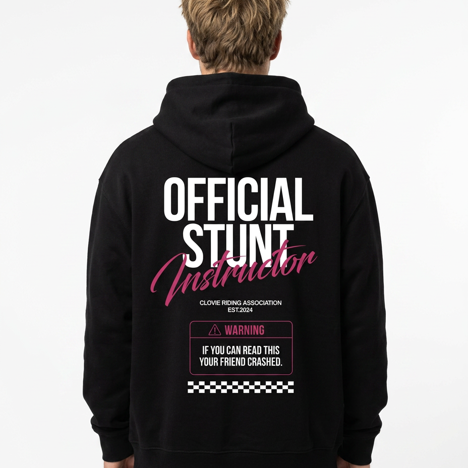 Official Stunt Instructor Oversized Hoodie — Back view mit OFFICIAL STUNT Instructor + Warning-Detail