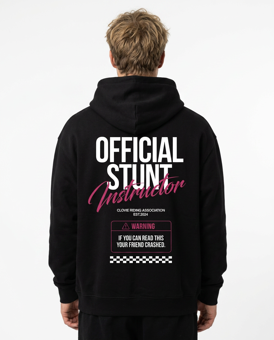 Official Stunt Instructor Oversized Hoodie — Back view mit OFFICIAL STUNT Instructor + Warning-Detail