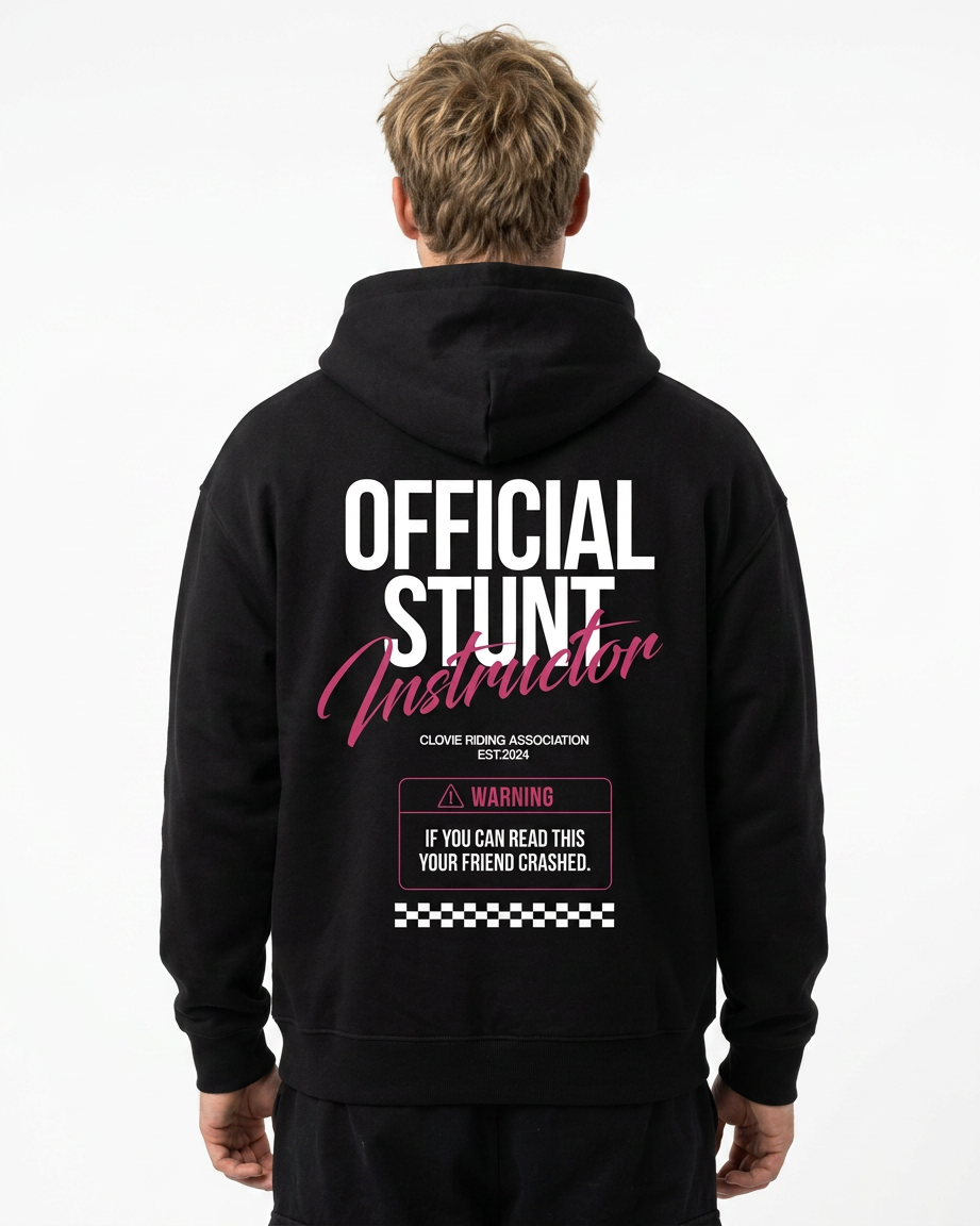 Official Stunt Instructor Oversized Zip Hoodie — Back view mit OFFICIAL STUNT Instructor + Warning-Detail
