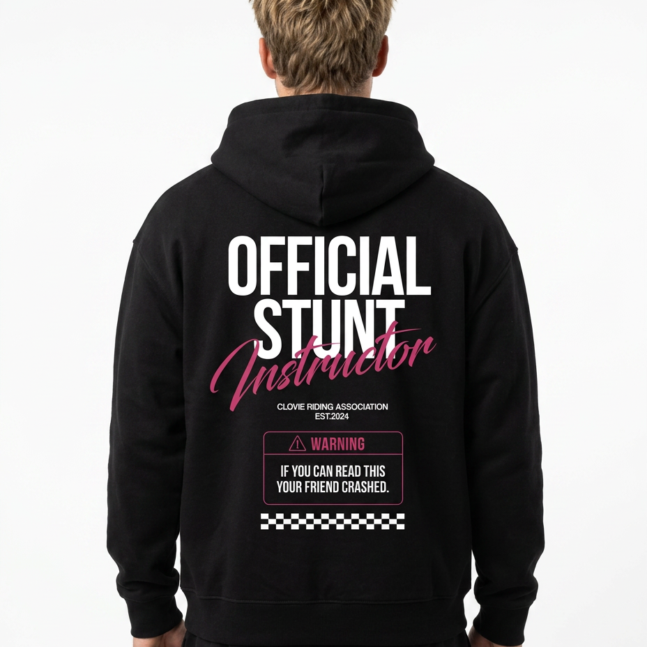 Official Stunt Instructor Oversized Zip Hoodie — Back view mit OFFICIAL STUNT Instructor + Warning-Detail