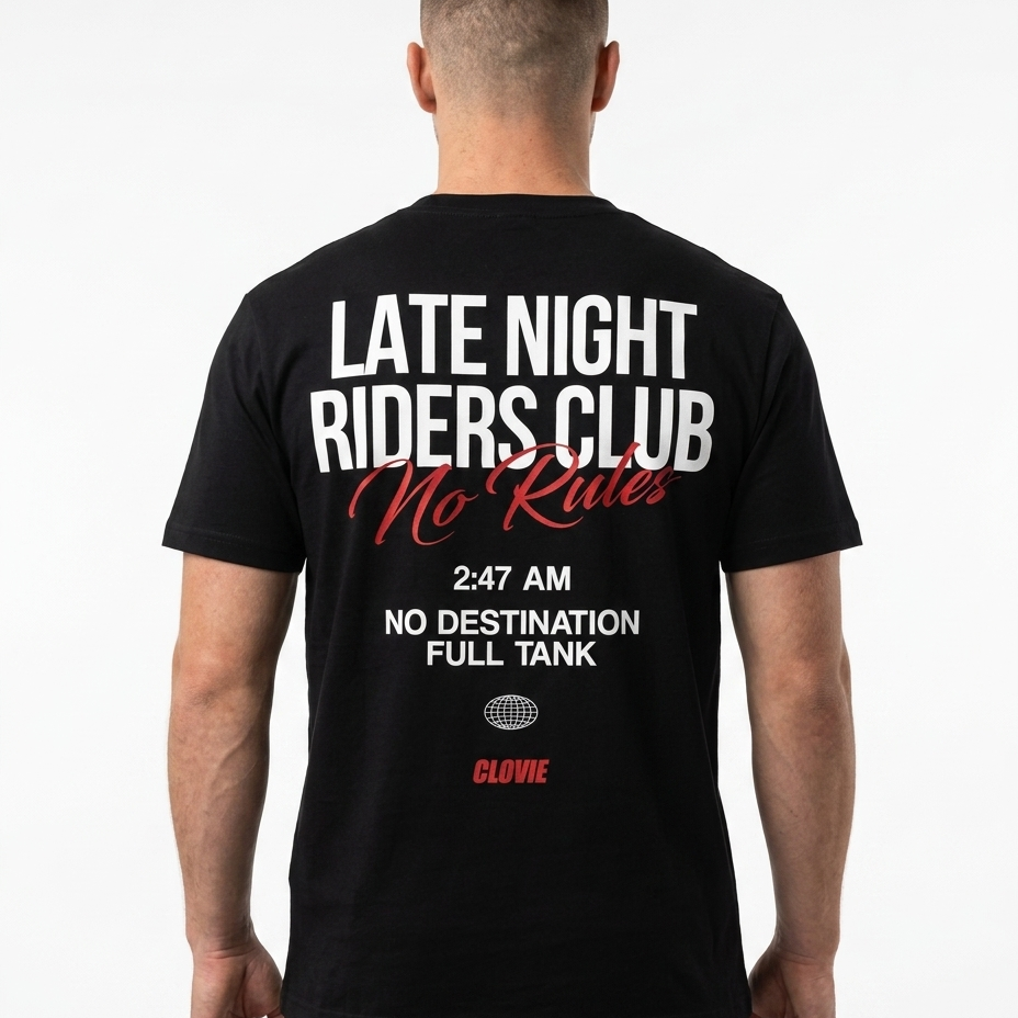 Late Night Riders Club Standard Tee – Back, 3AM No Destination Full Tank