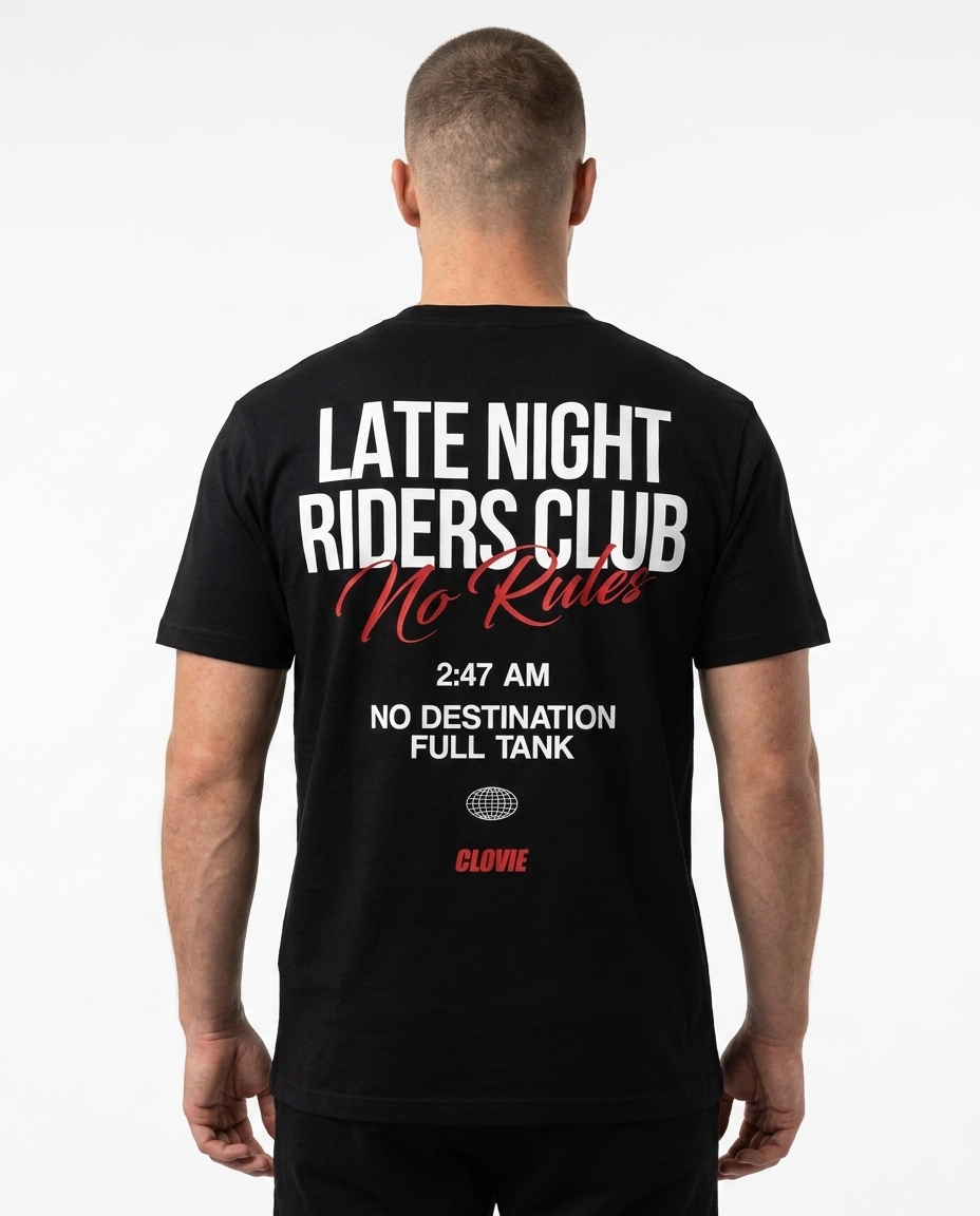 Late Night Riders Club Standard Tee – Back, 3AM No Destination Full Tank