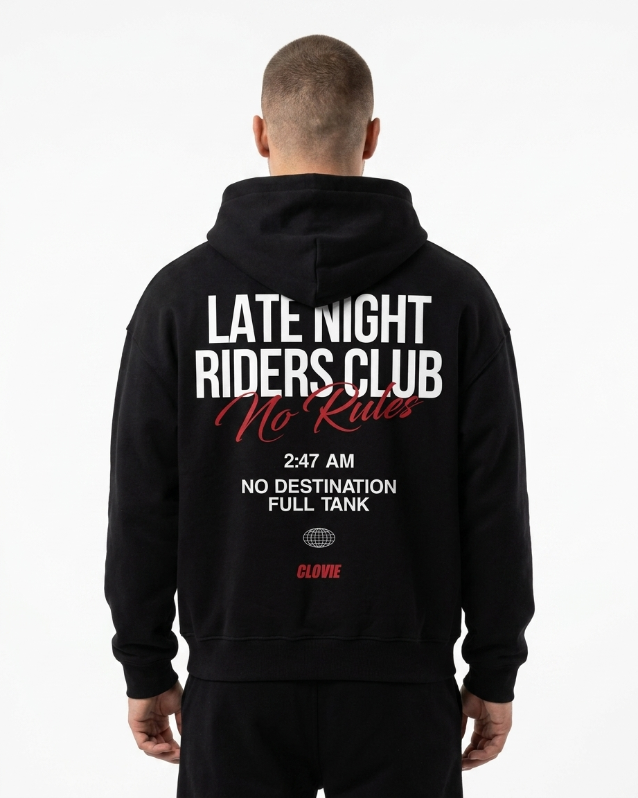 Late Night Riders Club Oversized Zip Hoodie – Back, 3AM No Destination Full Tank