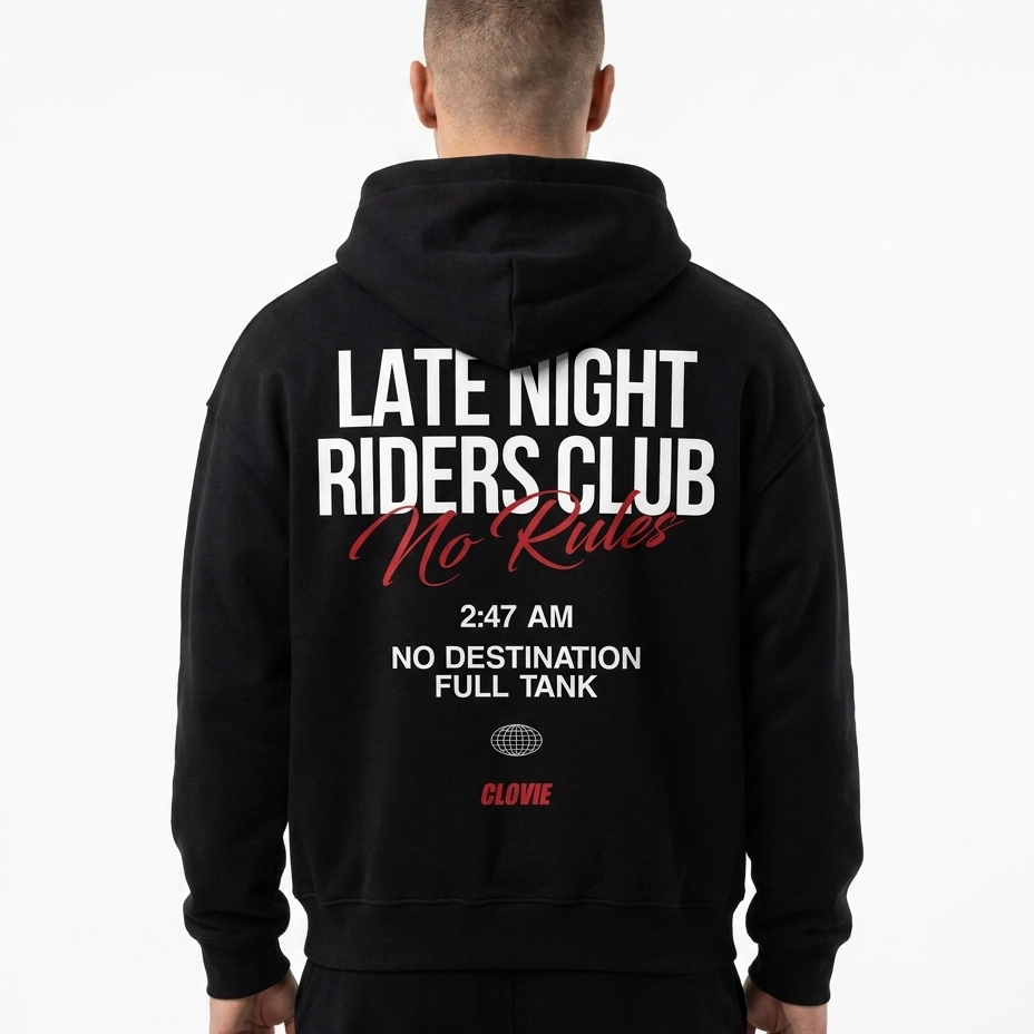 Late Night Riders Club Oversized Zip Hoodie – Back, 3AM No Destination Full Tank