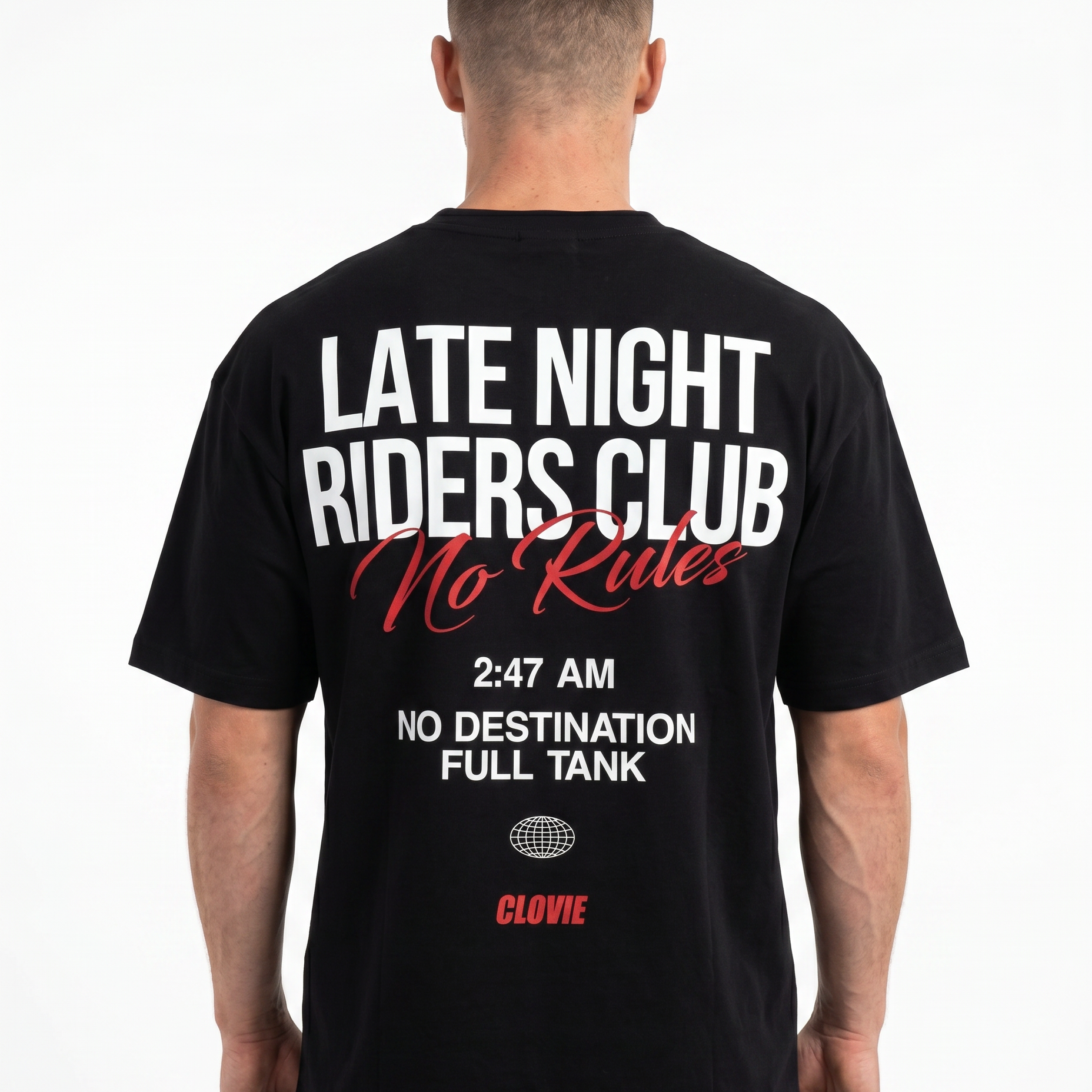 Late Night Riders Club Oversized Tee Black – Rückseite, 3AM Print