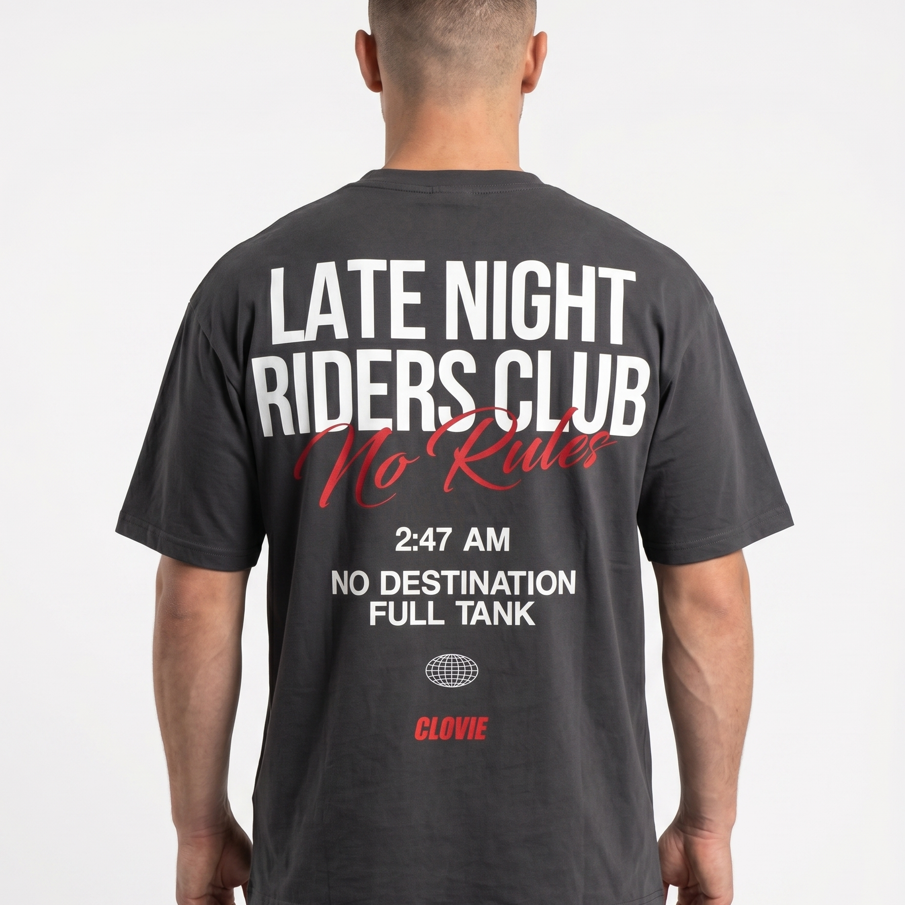 Late Night Riders Club Oversized Tee Charcoal – Rückseite, 3AM Print