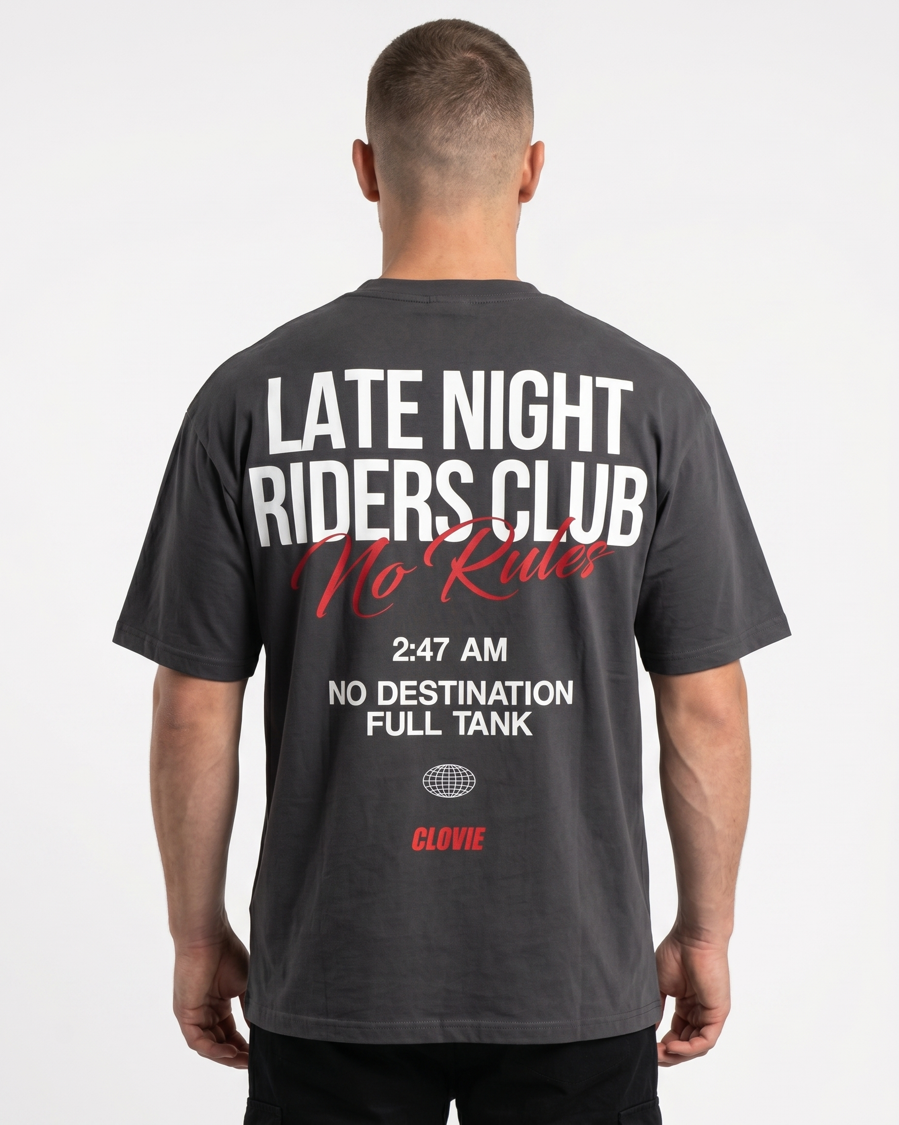 Late Night Riders Club Oversized Tee Charcoal – Rückseite, 3AM Print