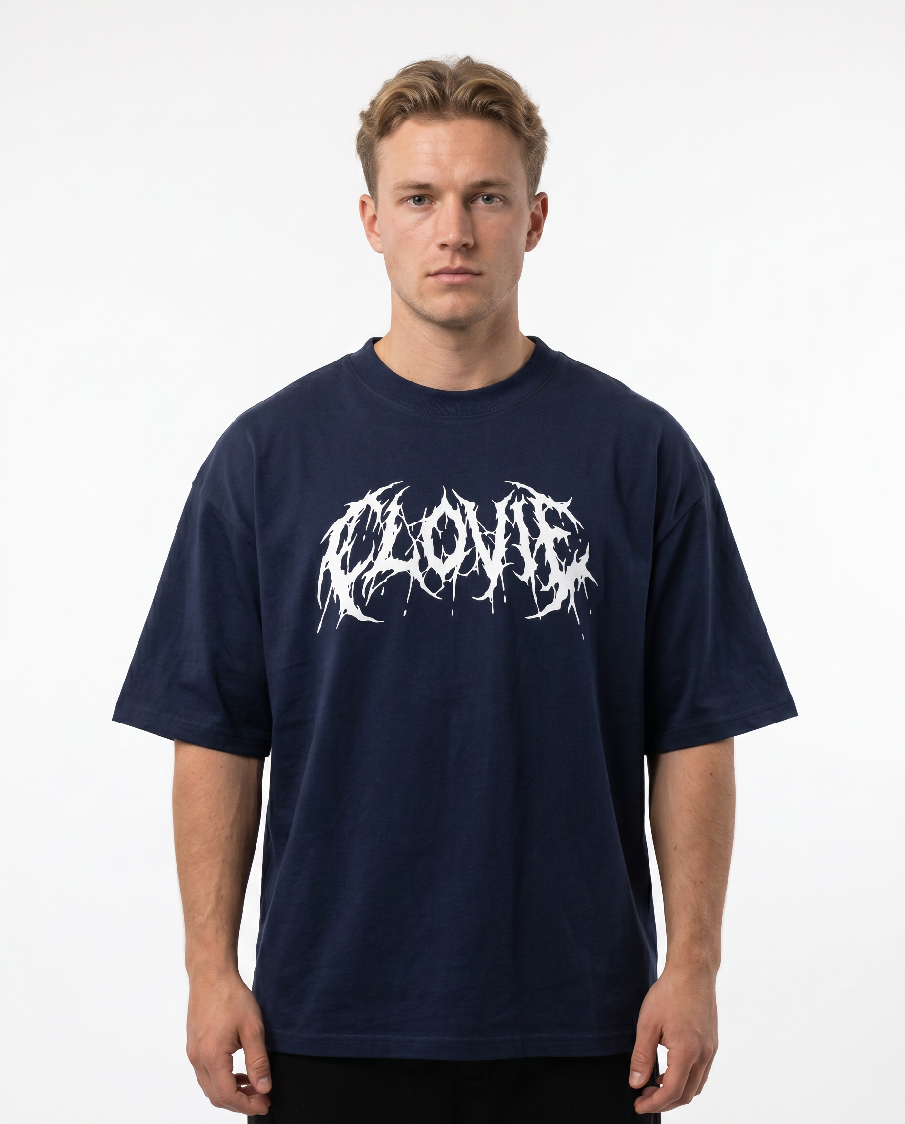 Phantom Oversized Tee French Navy – Vorderseite, CLOVIE Print