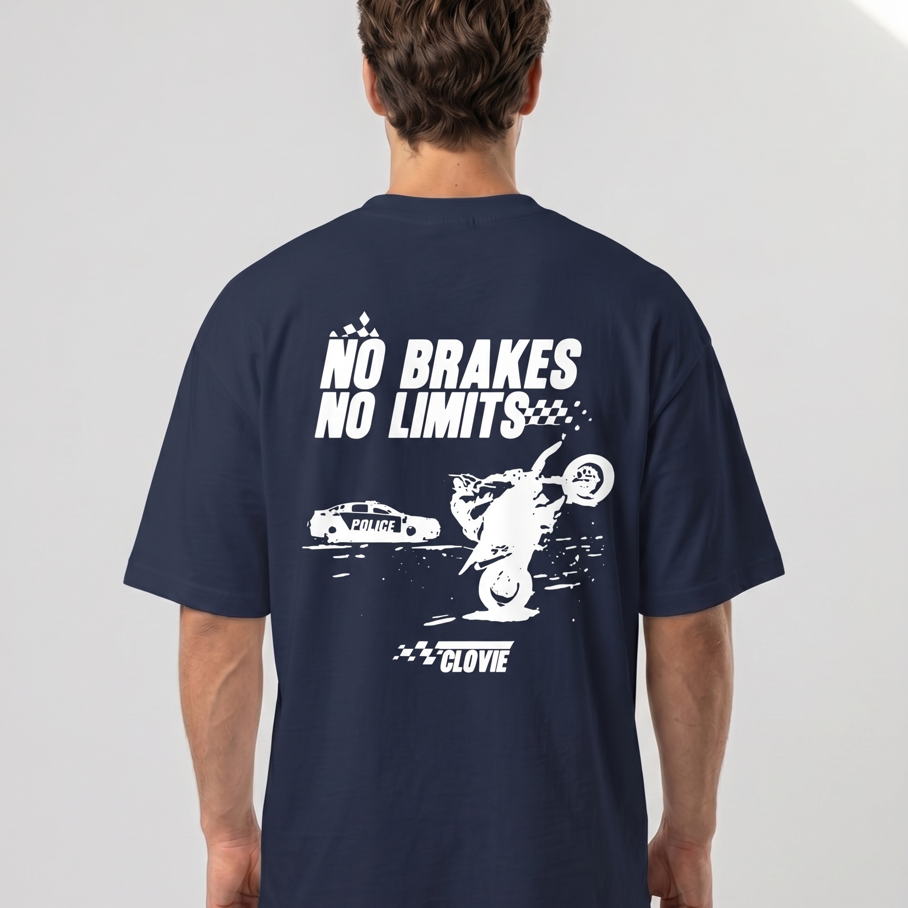 No brakes no limits Oversized Tee french navy - model back print