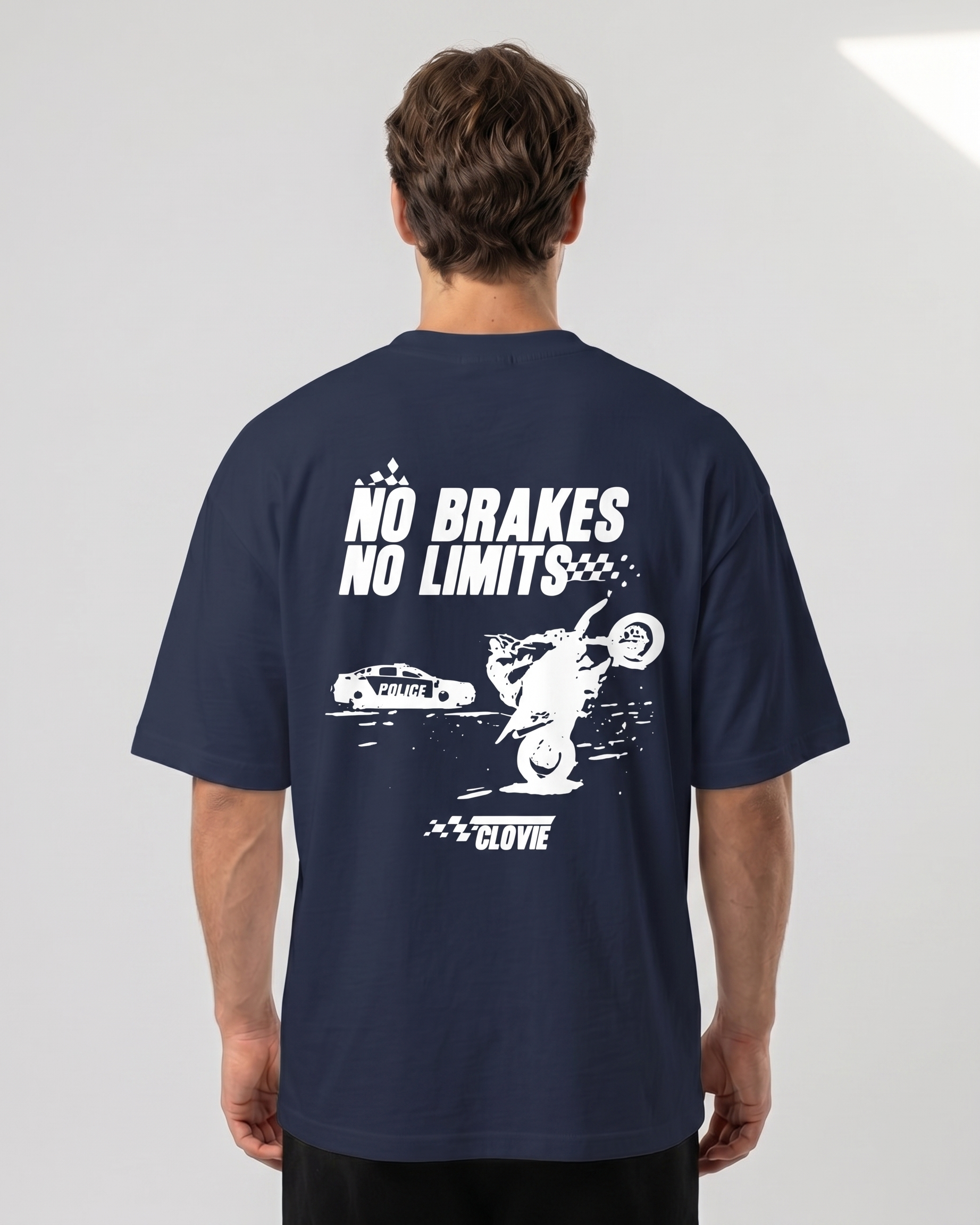 No brakes no limits Oversized Tee french navy - model back print