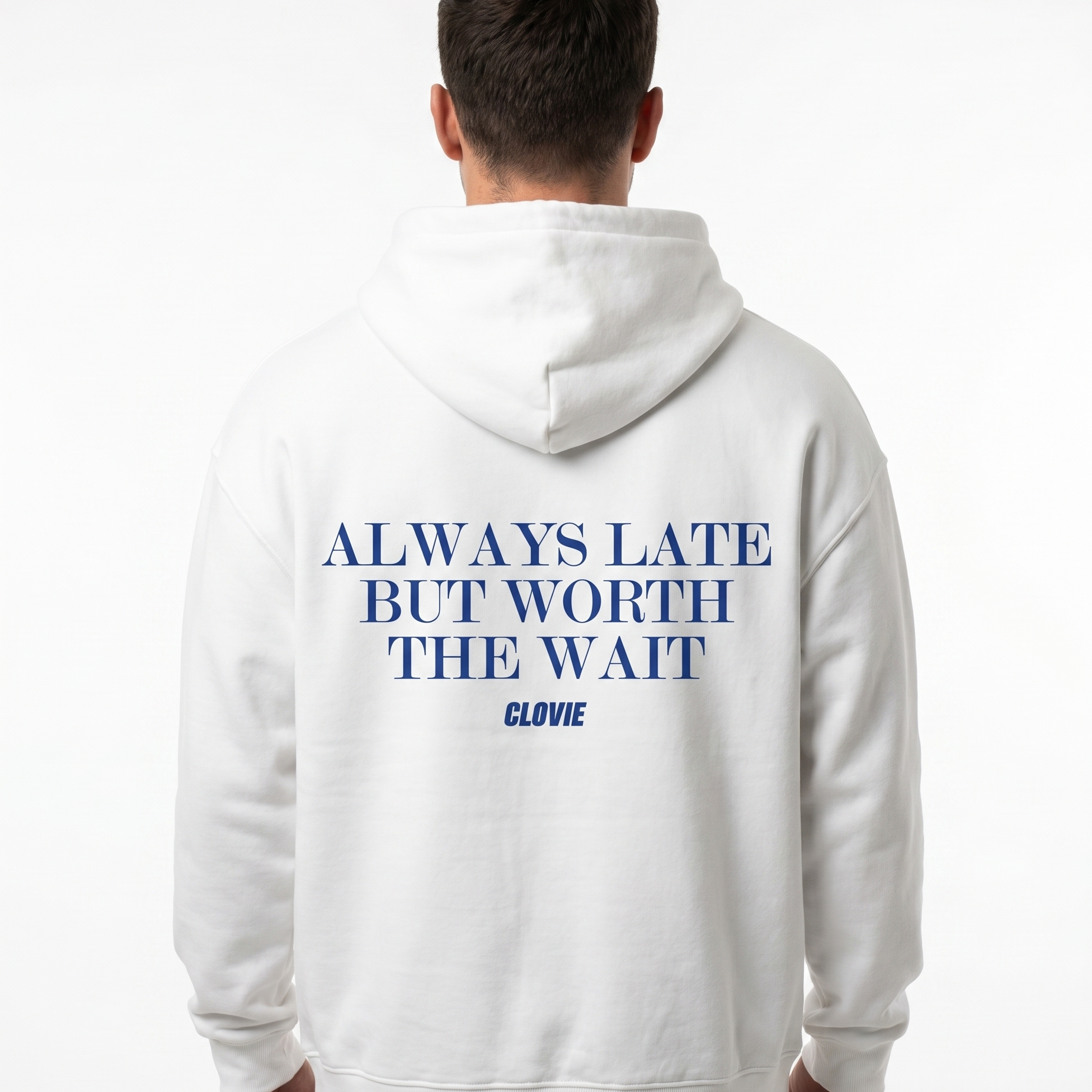Always late but worth the wait - Oversized Hoodie - White - model back print
