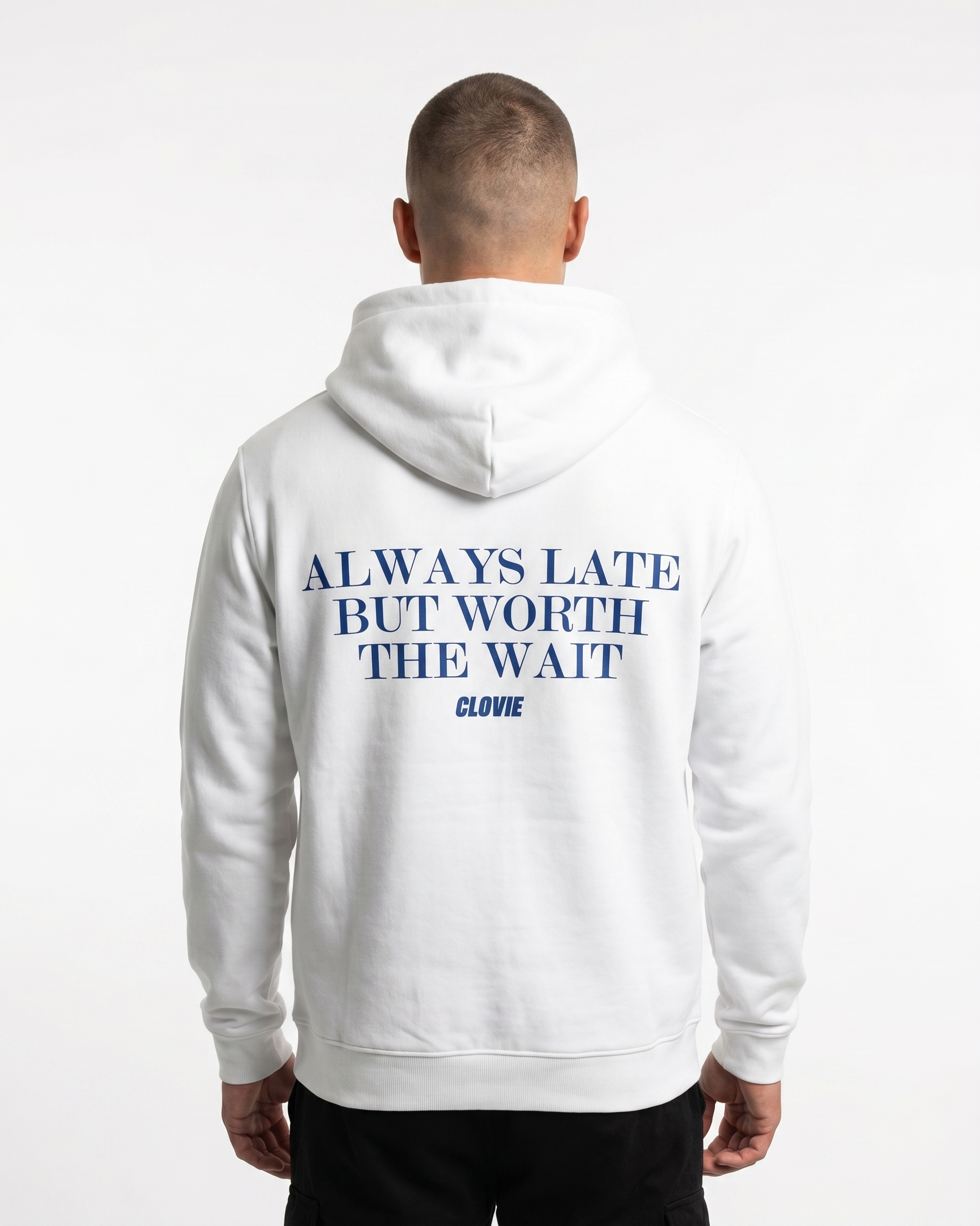 Always late but worth the wait - Hoodie - Arctic White - model back print