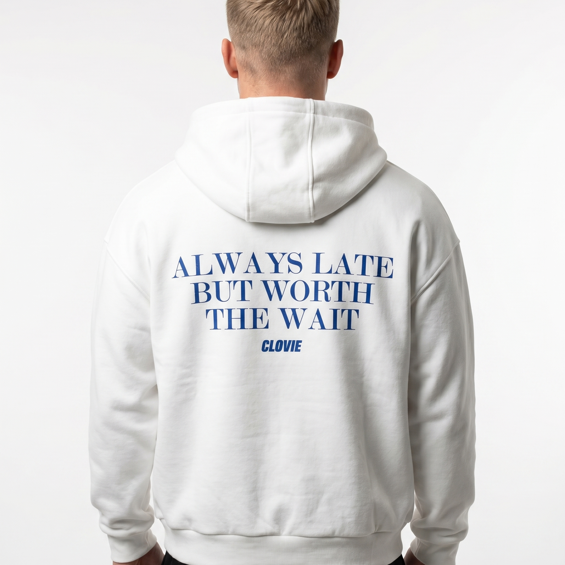 Always late but worth the wait - Oversized Zip Hoodie - White - model back print