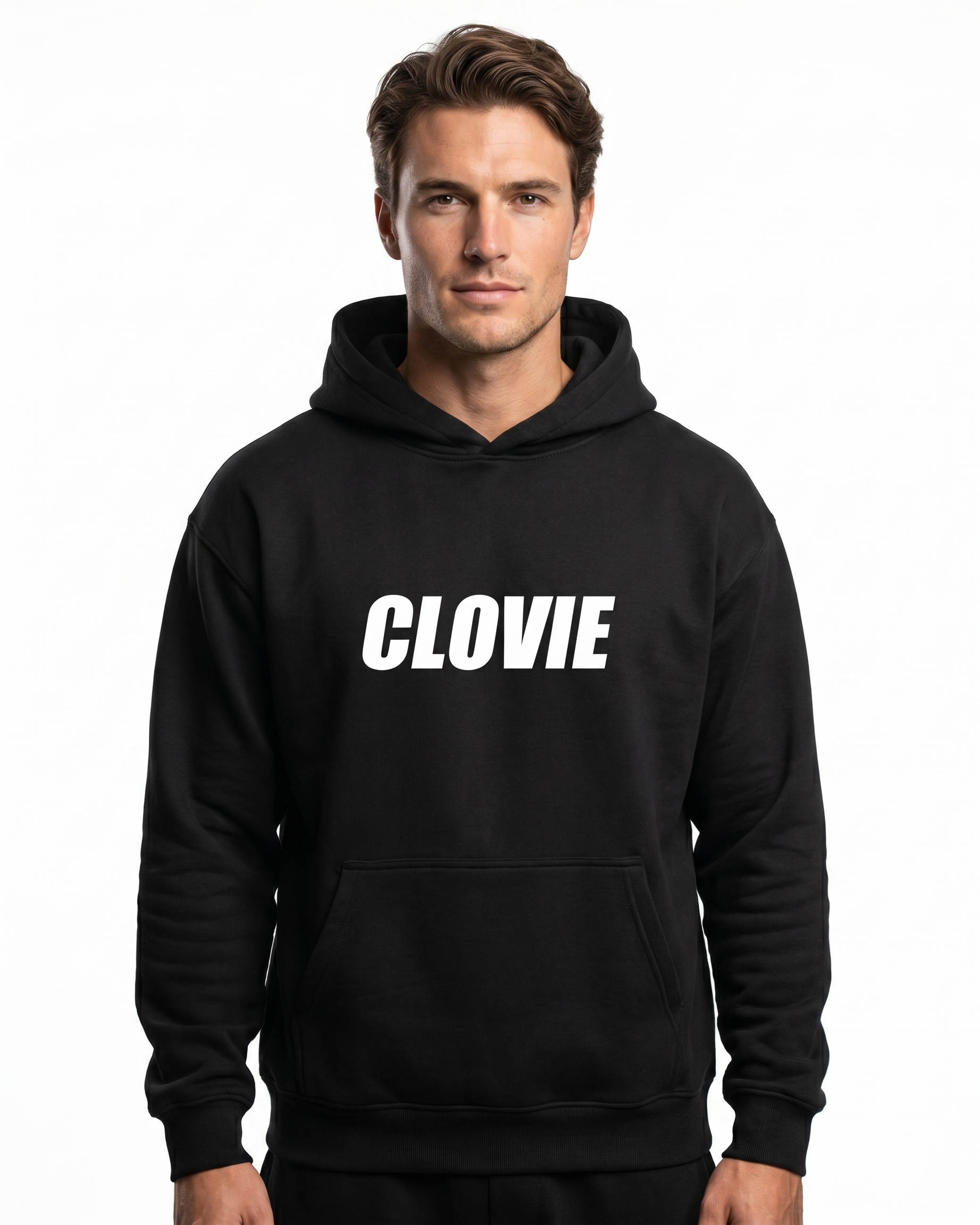 Clovie - Oversized Hoodie - Black - model front print