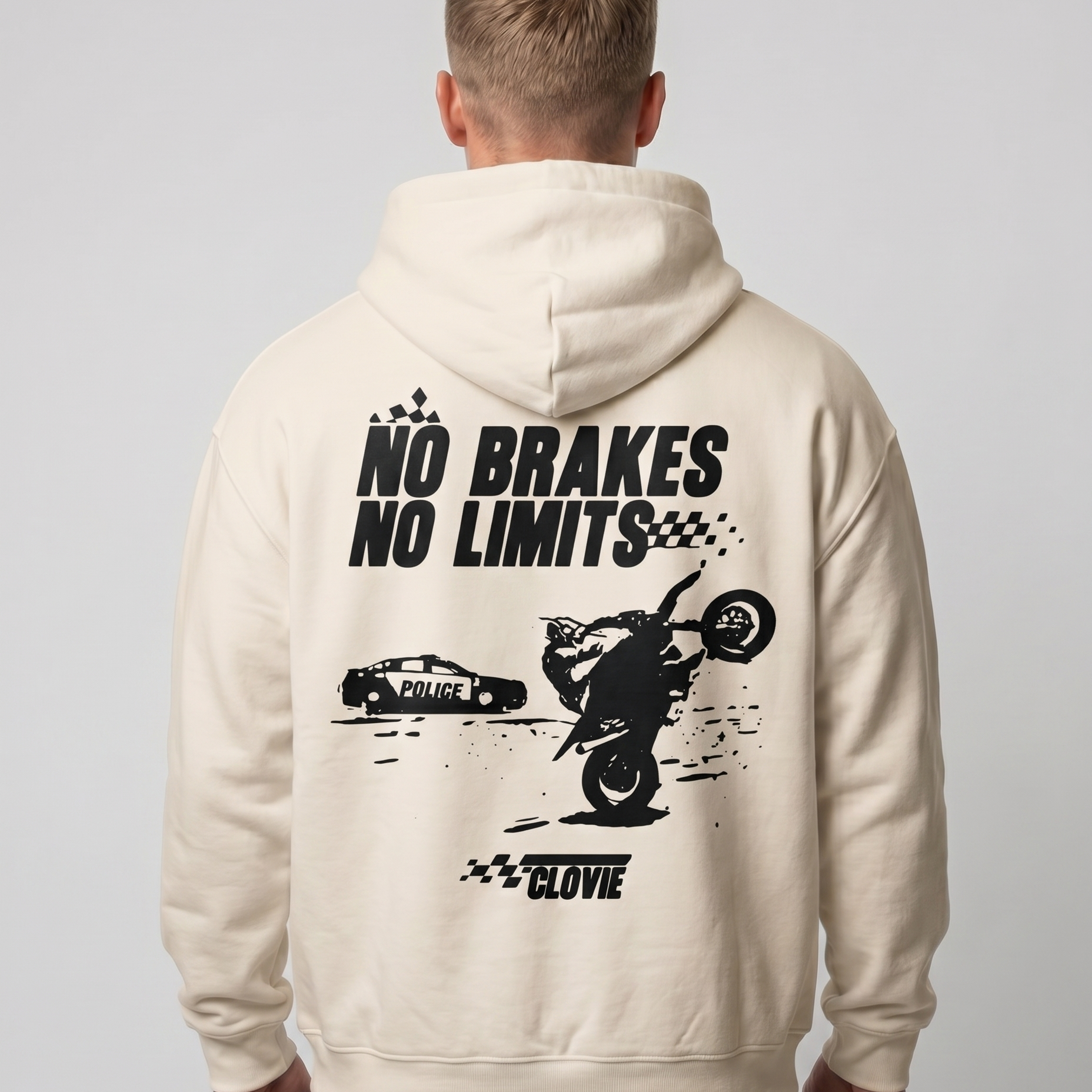 No brakes no limits Oversized Zip Hoodie white sand - model back print