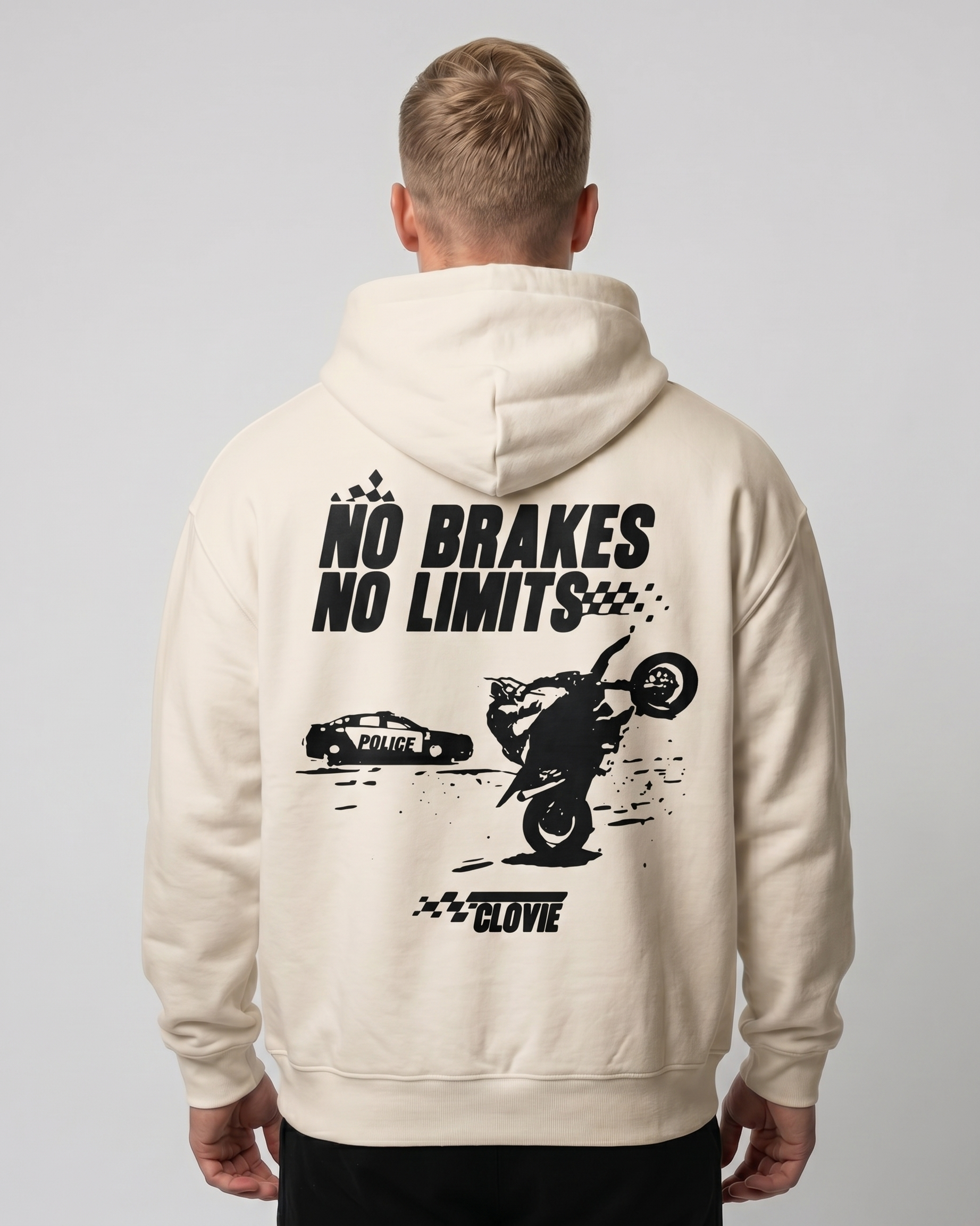 No brakes no limits Oversized Zip Hoodie white sand - model back print