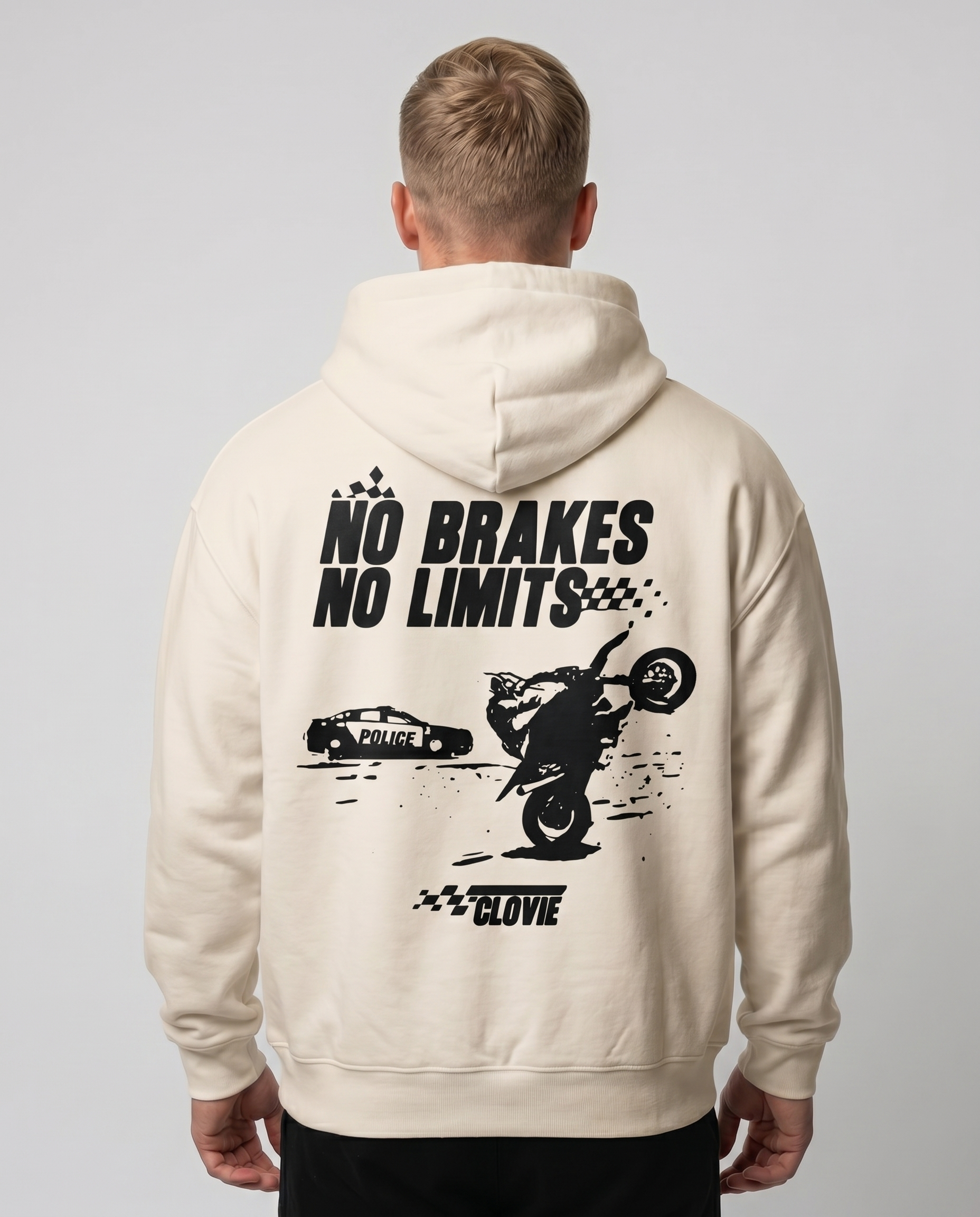 No brakes no limits Oversized Zip Hoodie white sand - model back print